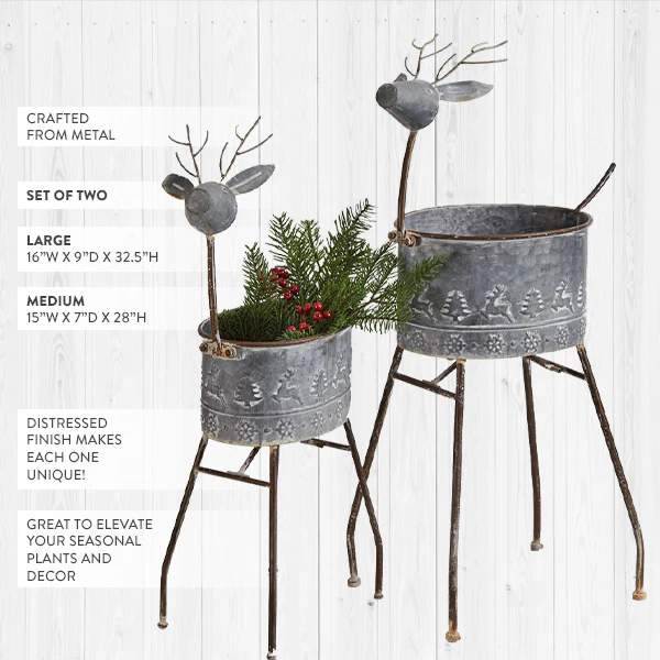 Metal Reindeer Winter Planters, Set of Two