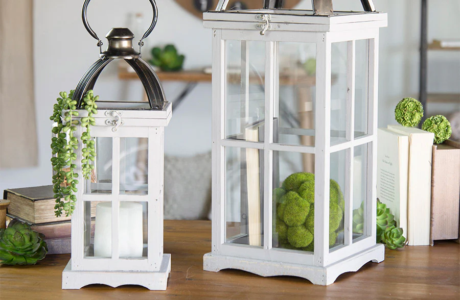 Whitewashed Wood and Metal Lanterns, Set of 2