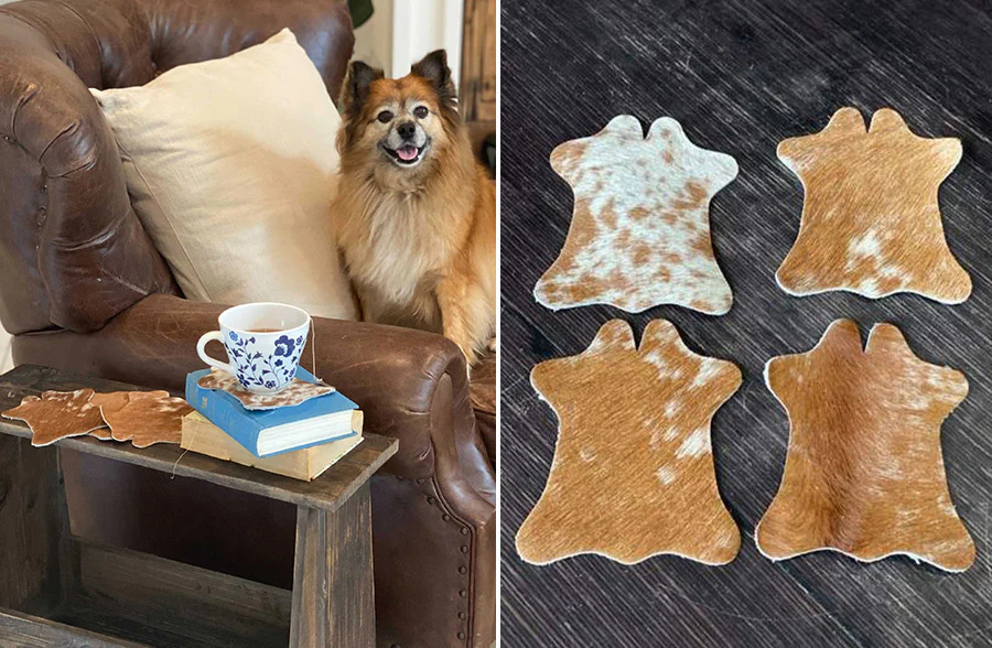 Artisan Made Cow Hide Coasters, Set of 4