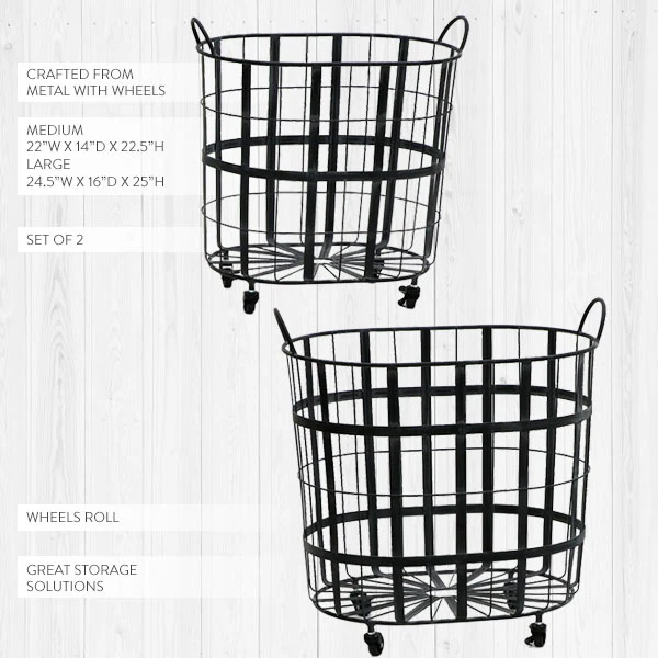 Metal Caged Rolling Storage Baskets, Set of 2