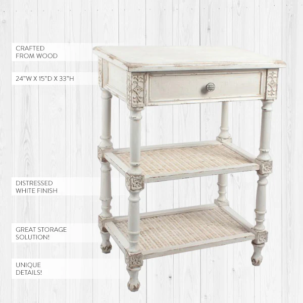 European Country Whitewashed Accent Table with Drawer