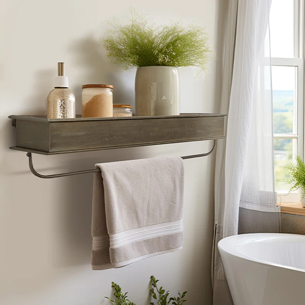 Rustic Metal Trough Shelf with Towel Bar