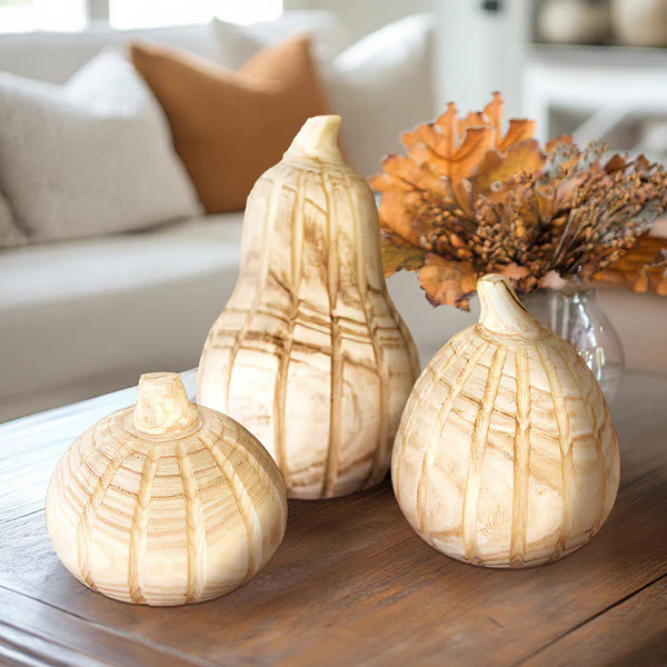 Natural Carved Wood Pumpkins, Set of Three