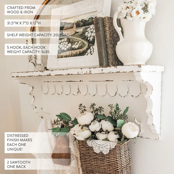 Rustic Farmhouse Wooden Wall Shelf with Five Hooks