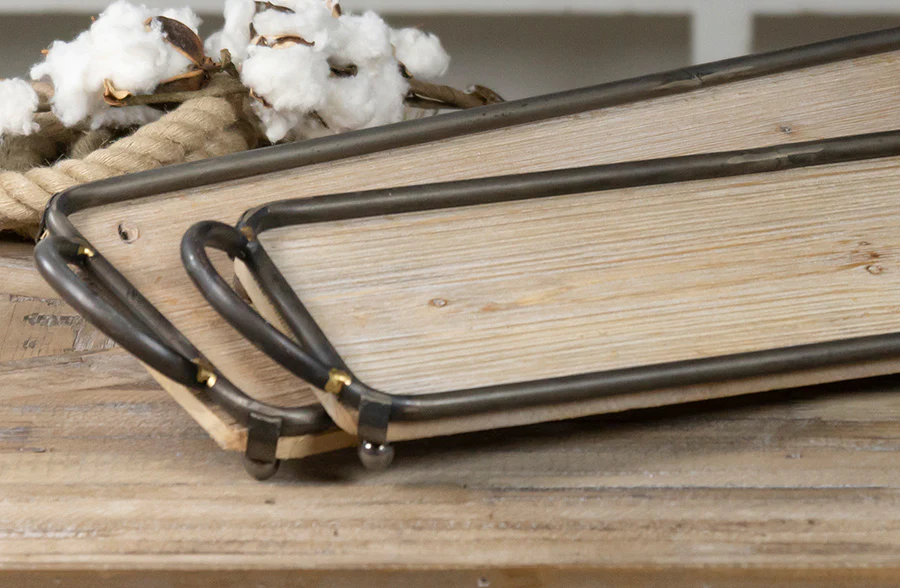 Rustic Metal Framed Wood Trays, Set of Two