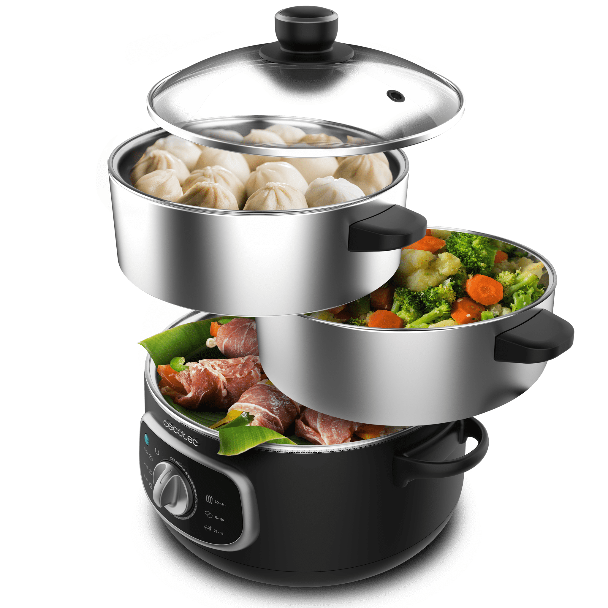 Vapovita SteelPot Vaporera eléctrica de 1300 W, con 3 recipientes de acero inoxidable y 10 L de capacidad total.