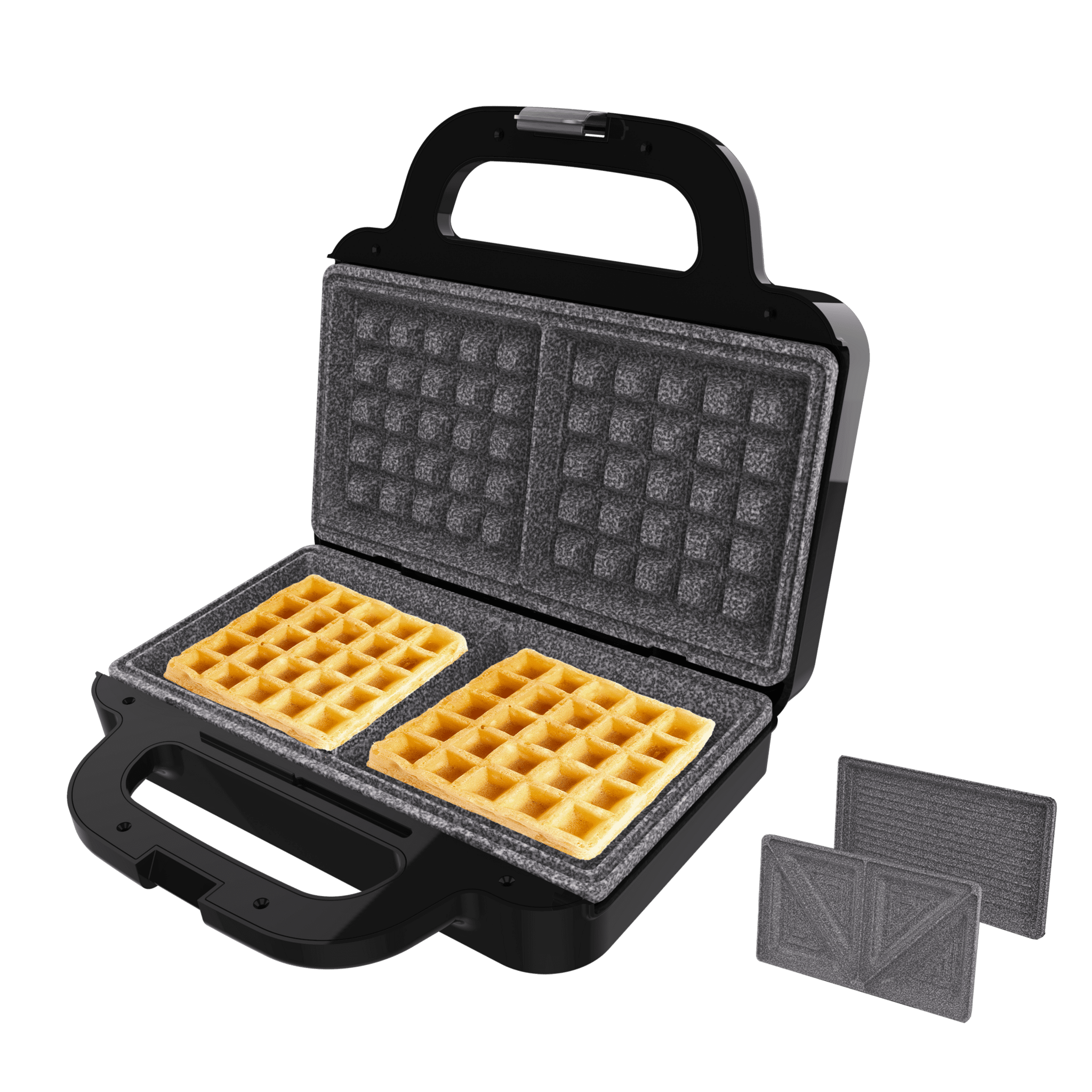 Sandwichera con capacidad para dos sandwiches con rellenos generosos y 3 pares de placas desmontables.
