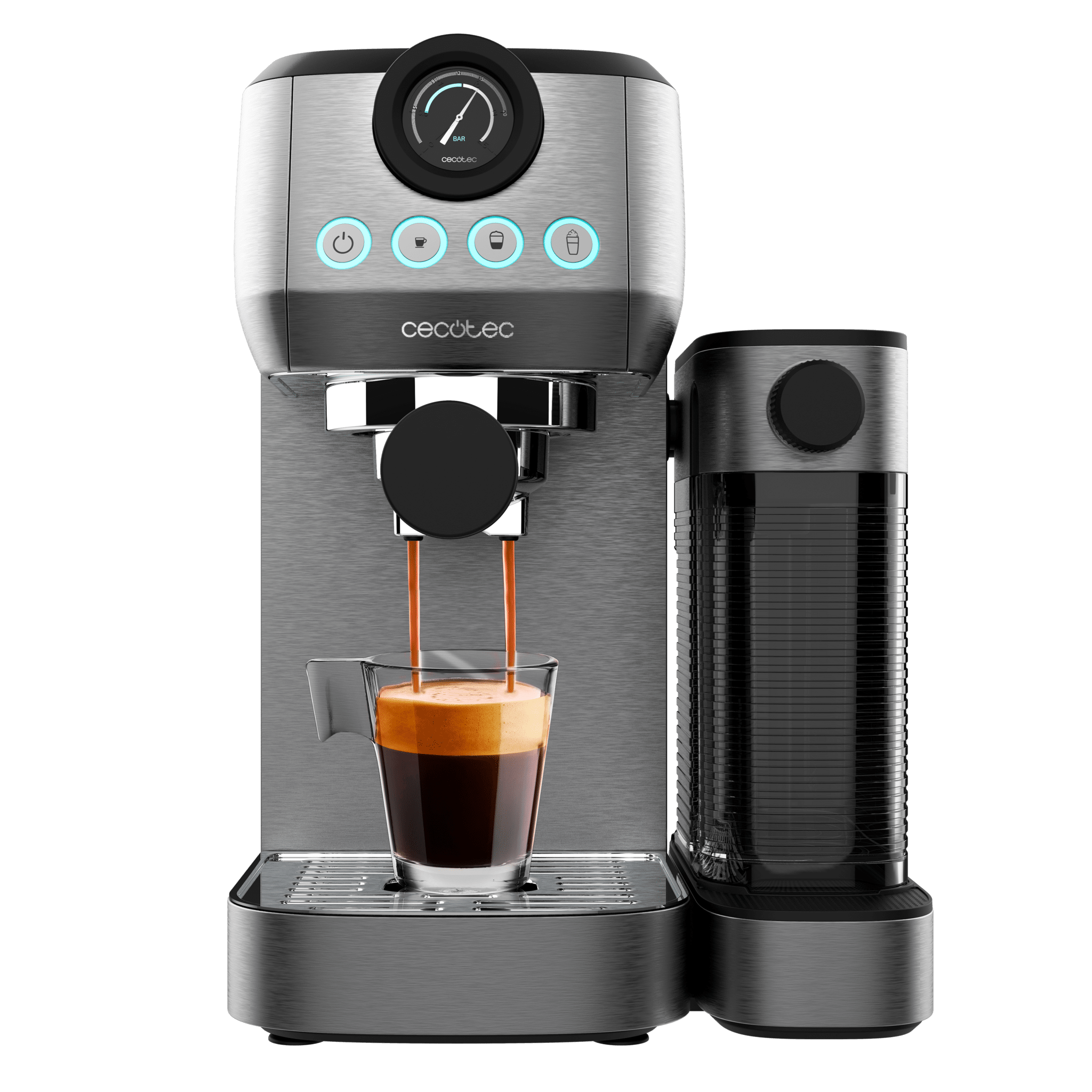 Power Espresso 20 Steel Pro Latte Cafetera semiautomática con 20 bares, manòmetro, thermoblock y tanque de leche.