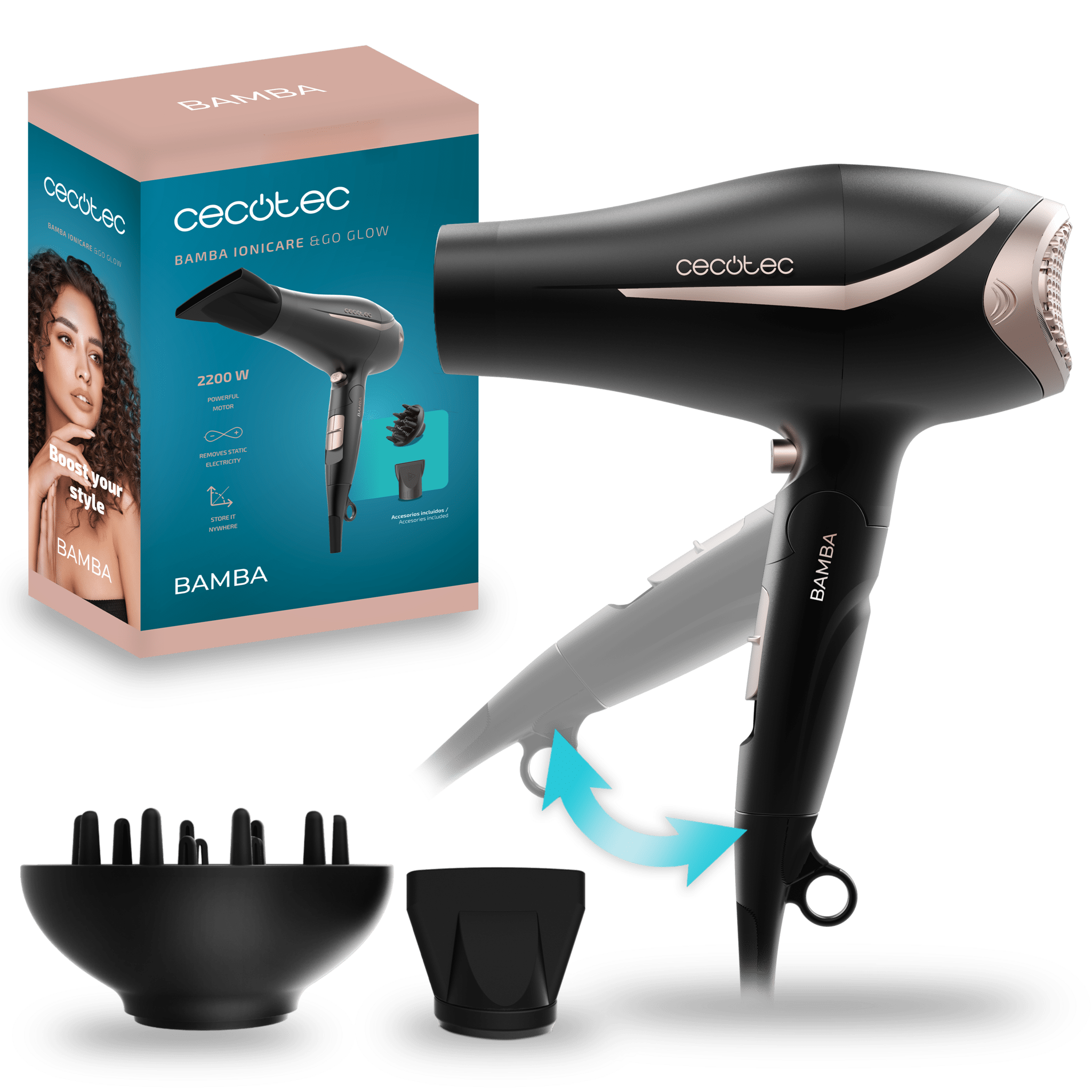 IoniCare &Go Glow Secadores de pelo plegable con 2200W de potencia, aire frío, boquilla y difusor.