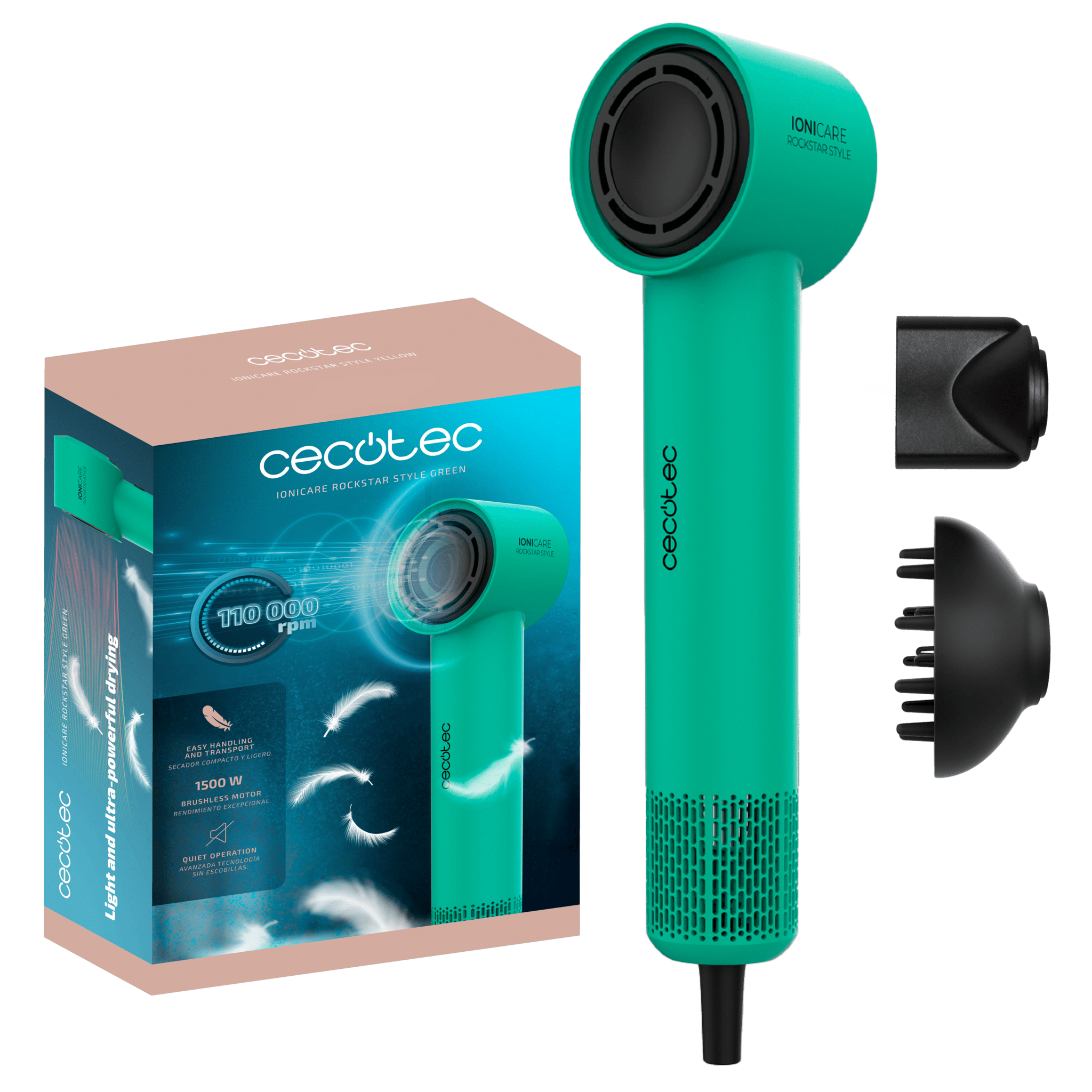 IoniCare RockStar Style Green Secador muy compacto y ligero con motor brushless de 1500W y 110000 rpm.