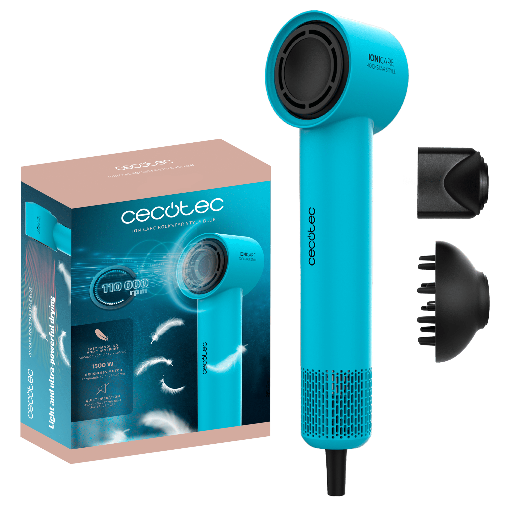 IoniCare RockStar Style Blue Secador muy compacto y ligero con motor brushless de 1500W y 110000 rpm.