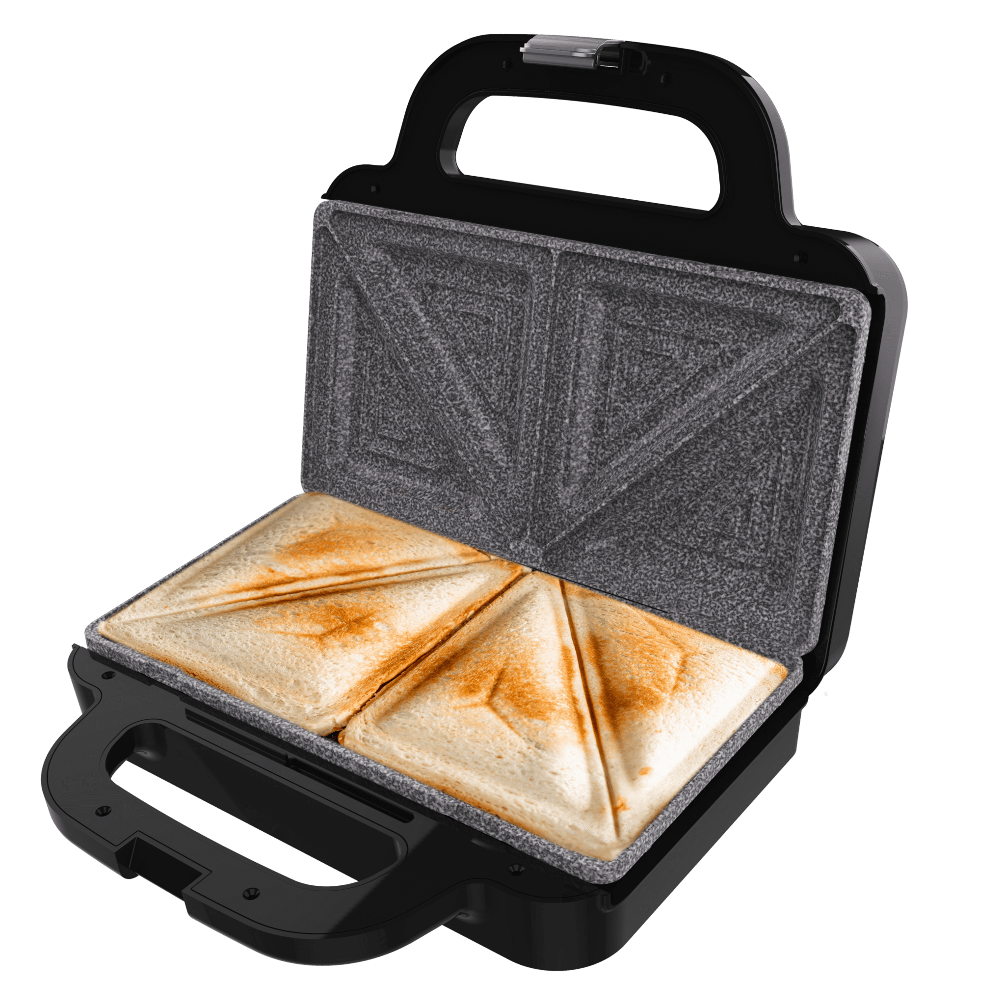 Sandwichera con capacidad para dos sandwiches con rellenos generosos y placas de sandwiches triangulares.