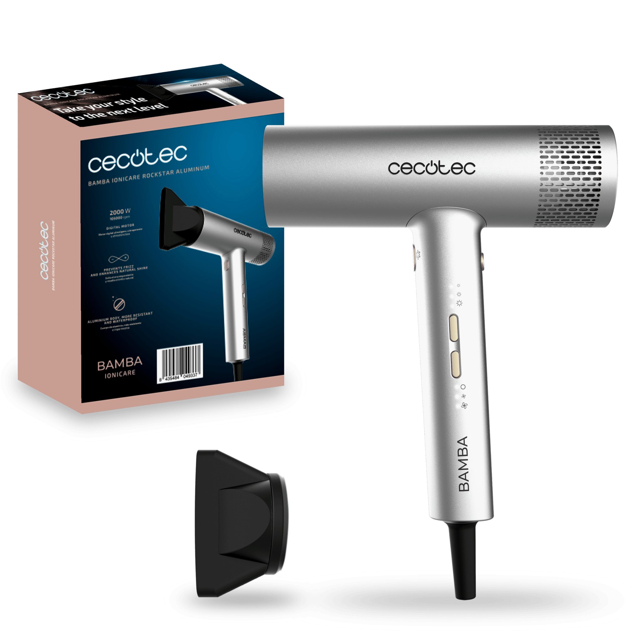 Bamba IoniCare RockStar Aluminum Secador de pelo con motor digital, 2000 W, 105000 rpm y tecnología de iones