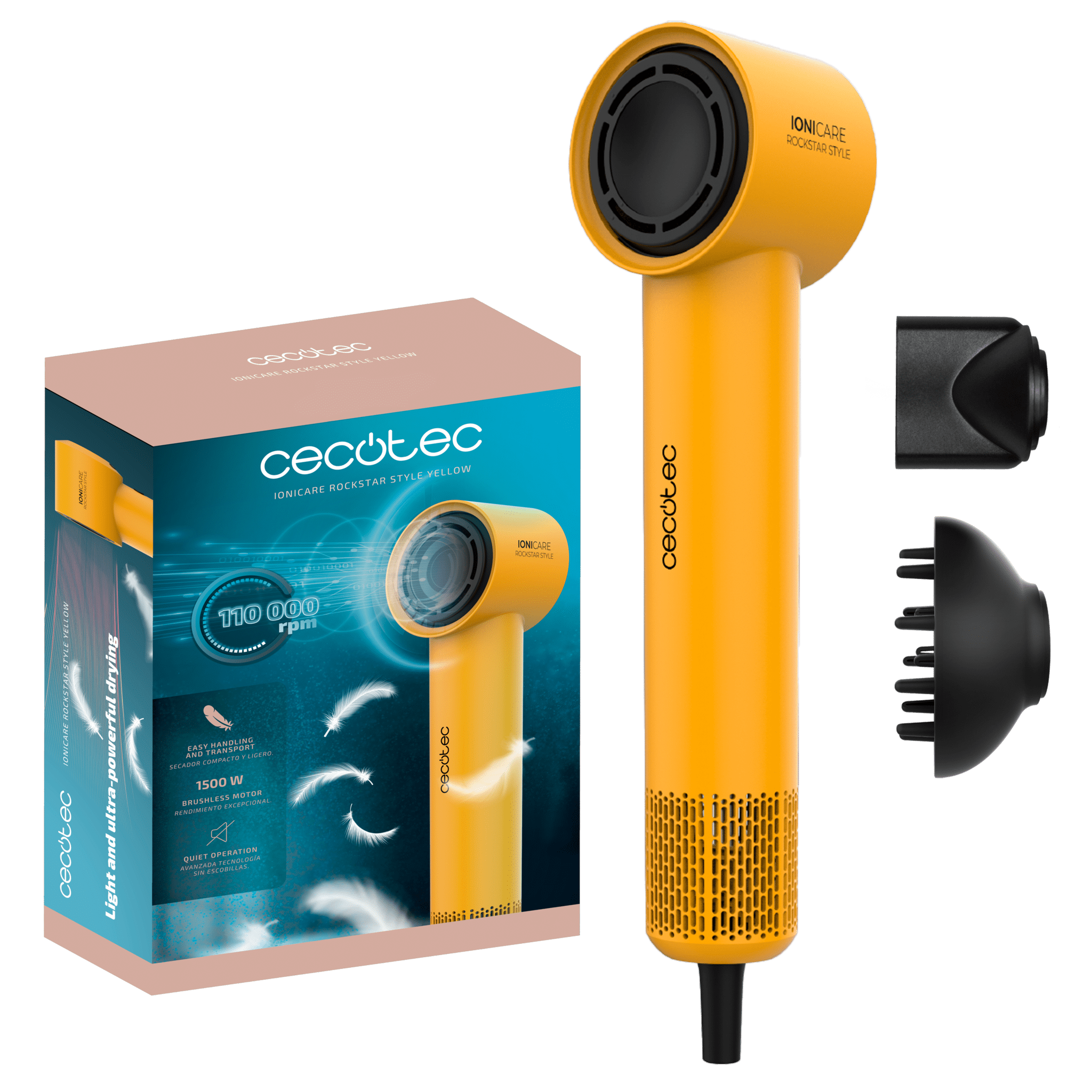 IoniCare RockStar Style Yellow Secador muy compacto y ligero con motor brushless de 1500W y 110000 rpm.