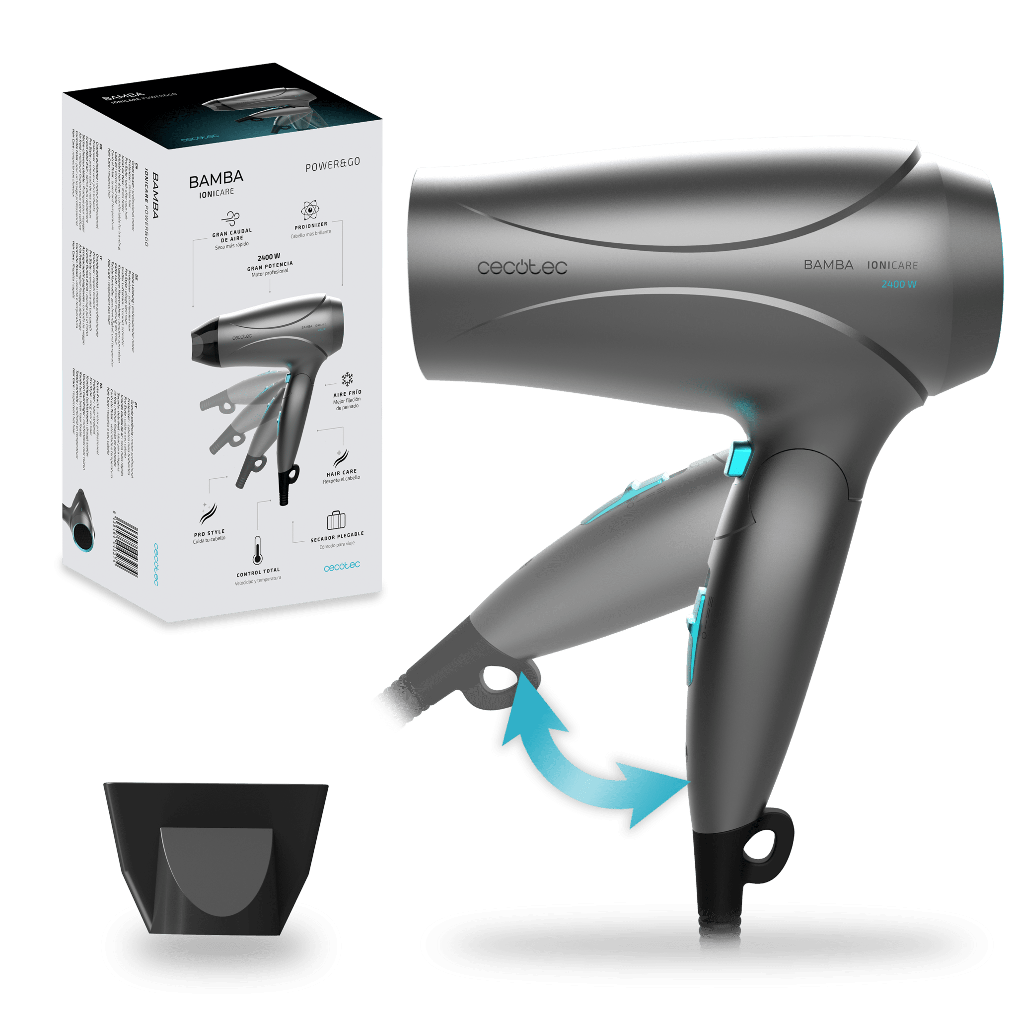 Bamba IoniCare Power&Go Secador compacto de pelo de 2400 W de potencia, con funciòn ionizadora y gran caudal.