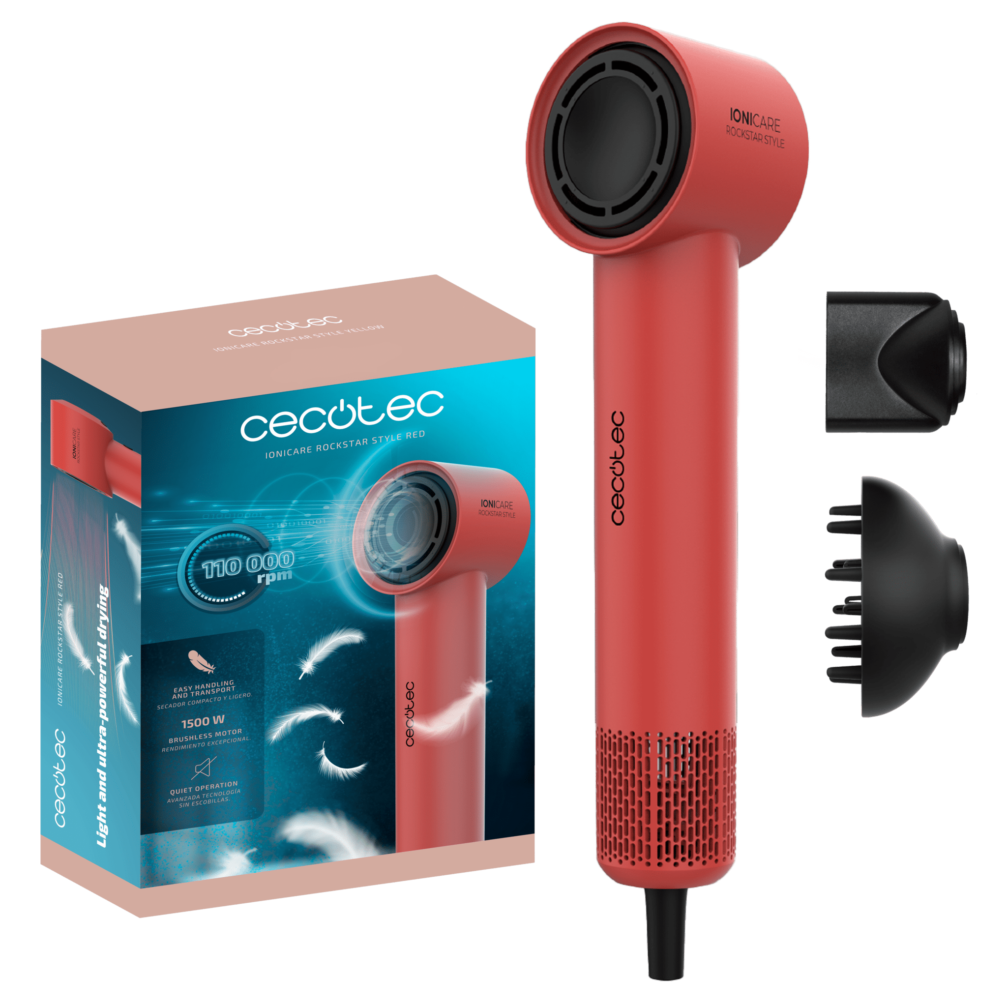 IoniCare RockStar Style Red Secador muy compacto y ligero con motor brushless de 1500W y 110000 rpm.