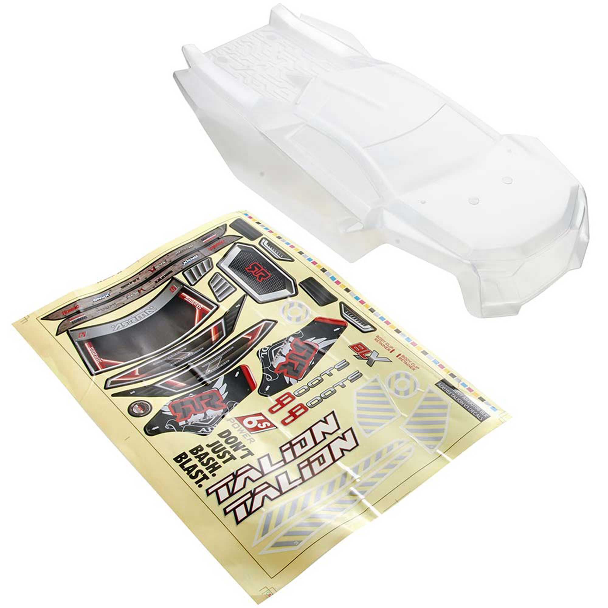 ARRMA 1/8 Clear Body with Decals Window Mask: TALION 6S BLX