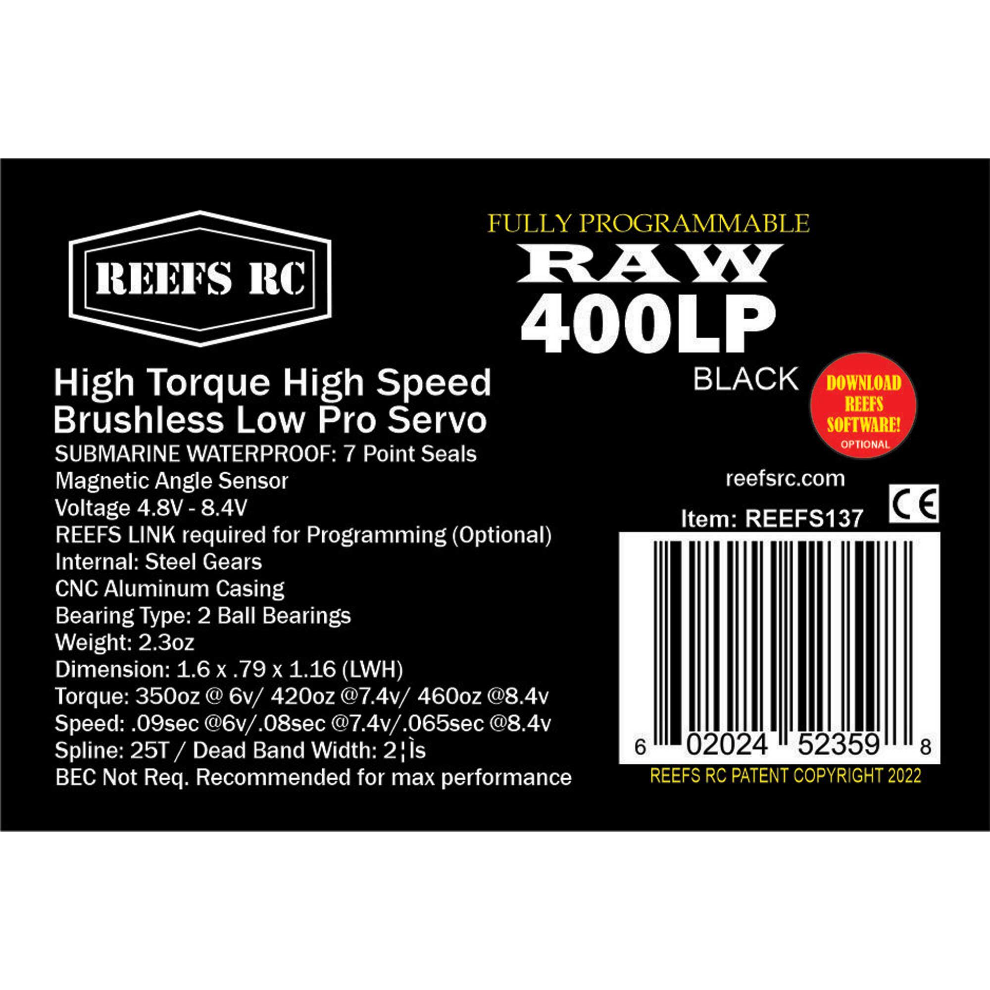 REEFS RC RAW 400LP Low Profile Digital Metal Gear Waterproof Programmable Servo, Black