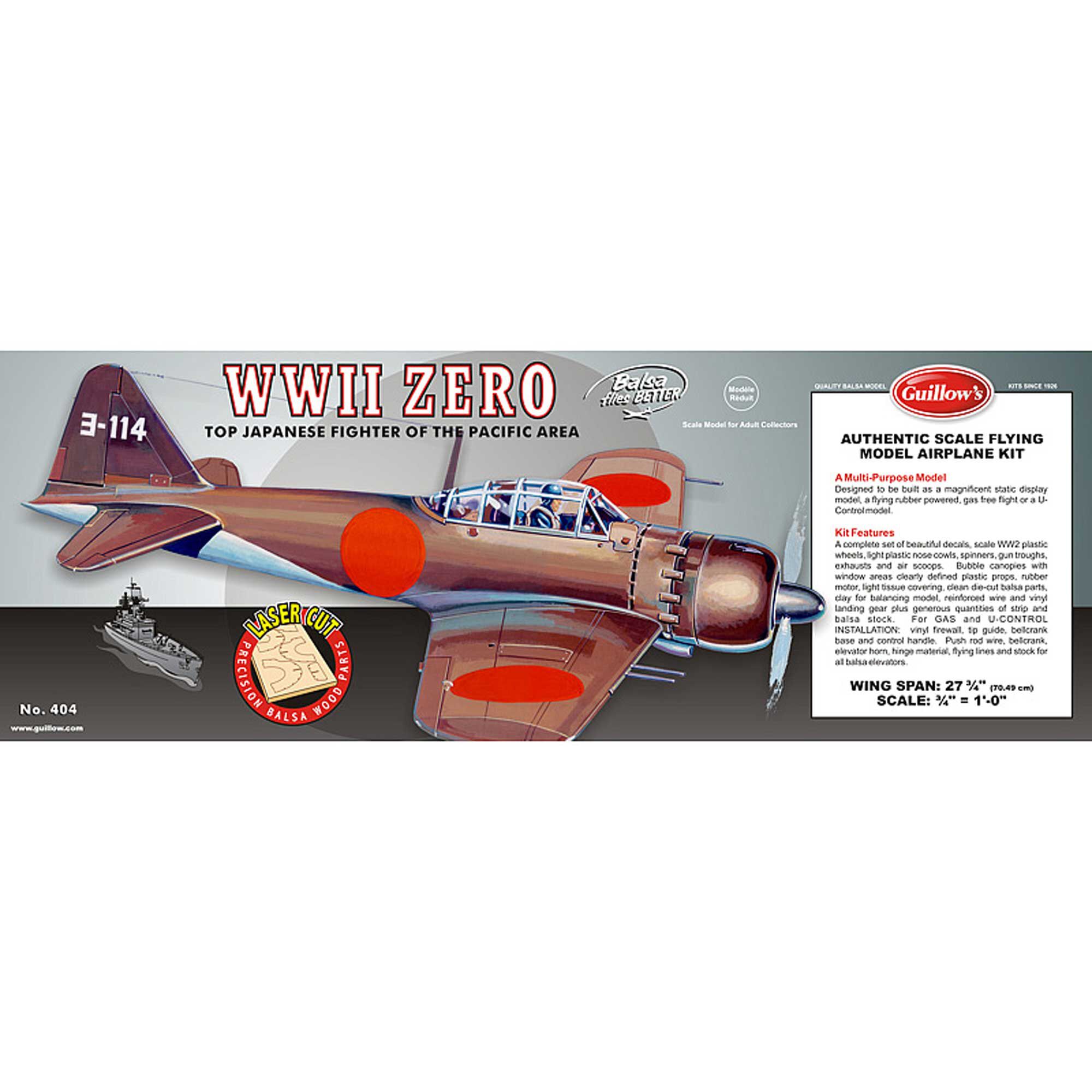 Guillow 1/16 Mitsubishi Zero Laser Cut Kit, 27.75"