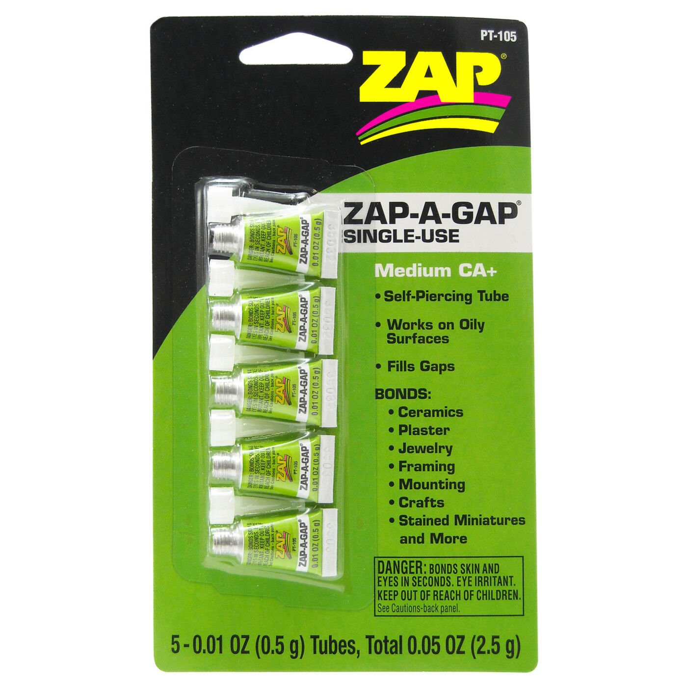 ZAP Glue Zap-A-Gap Medium CA+ Single Use Tubes, 5 x 1/2 gram, Carded