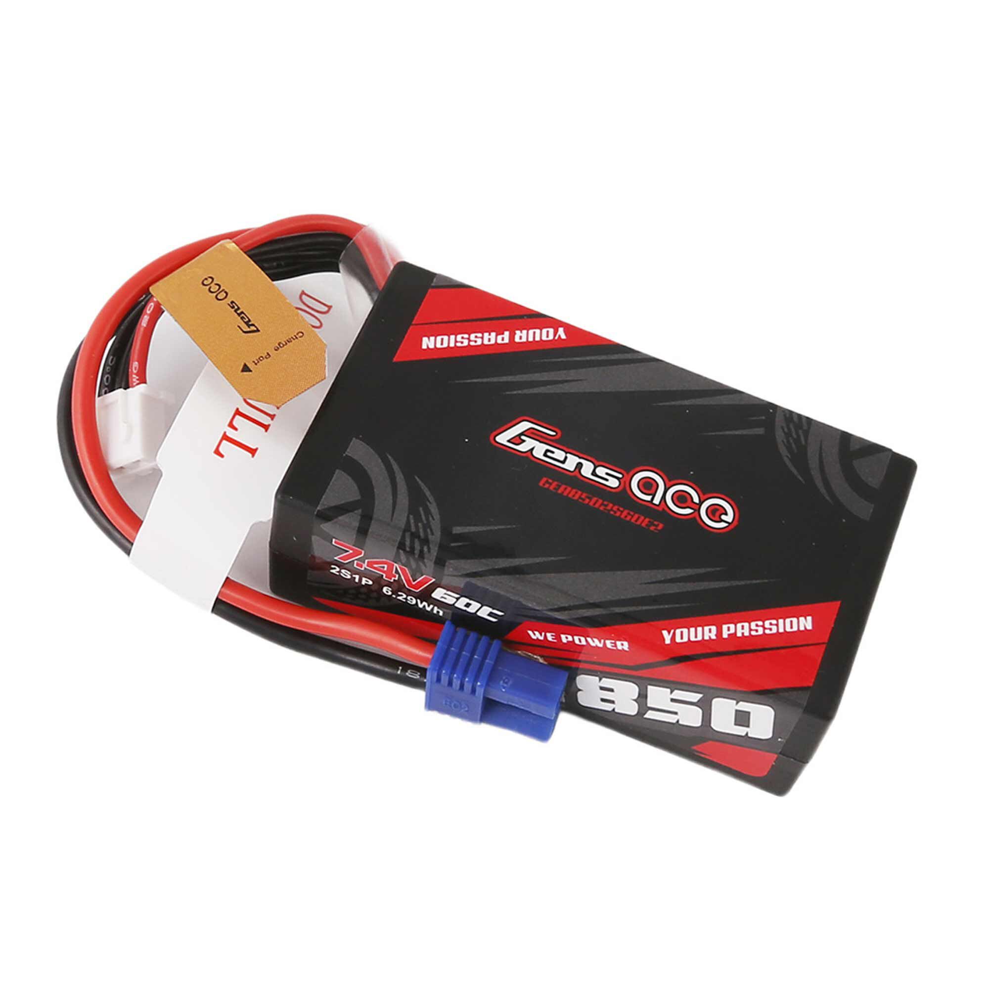 Gens ace 7.4V 850mAh 2S 60C Hardcase LiPo Battery: EC2