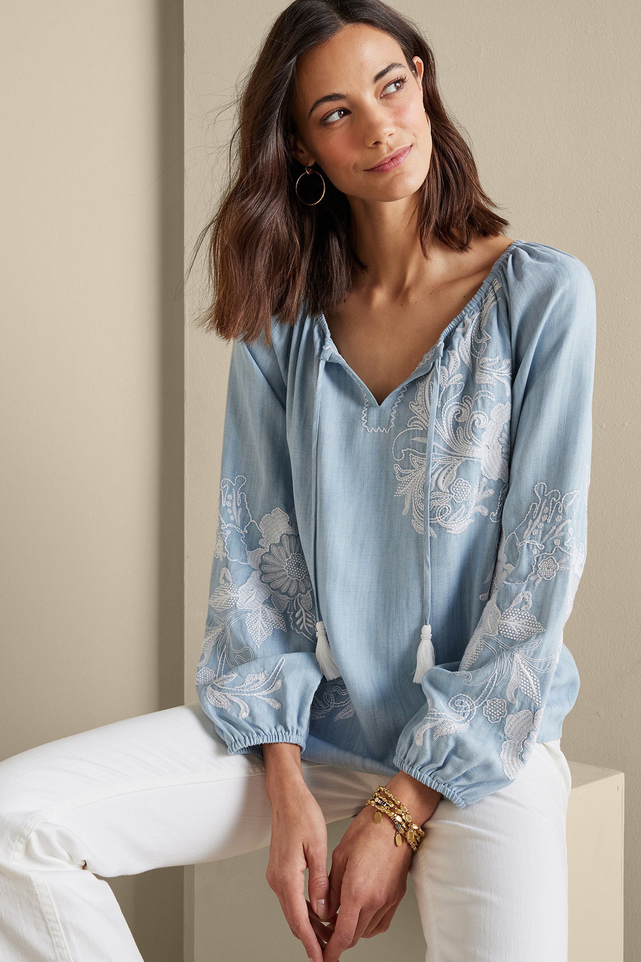 Diya Embroidered TENCEL™ Peasant Top