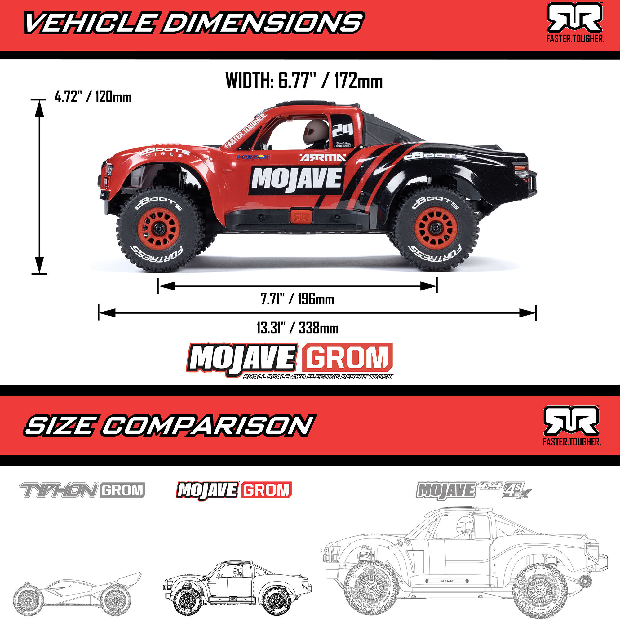 ARRMA 1/16 MOJAVE GROM 4X4 RTR Brushed Desert Truck (Battery & Charger Included), Red/Black