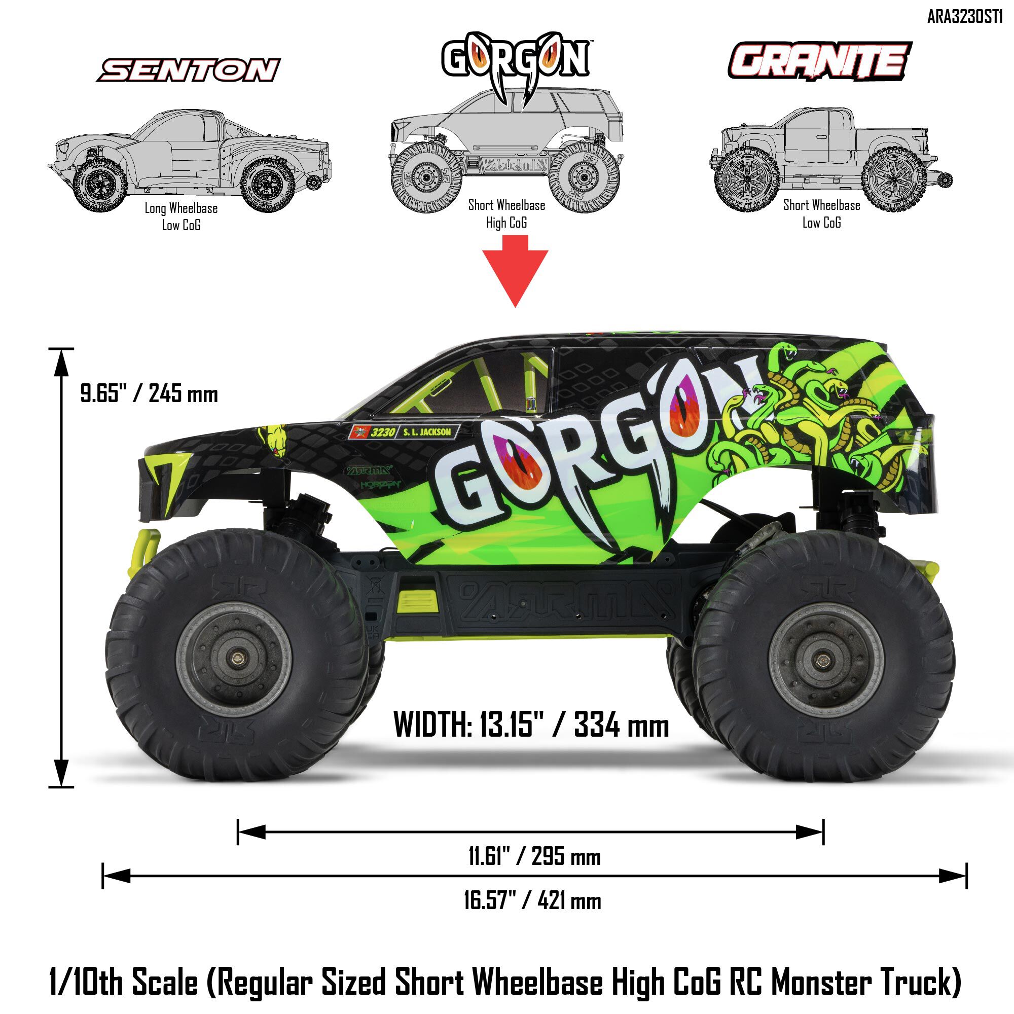 ARRMA 1/10 GORGON 2WD RTR Brushed Monster Truck (Battery & Charger Included), Yellow