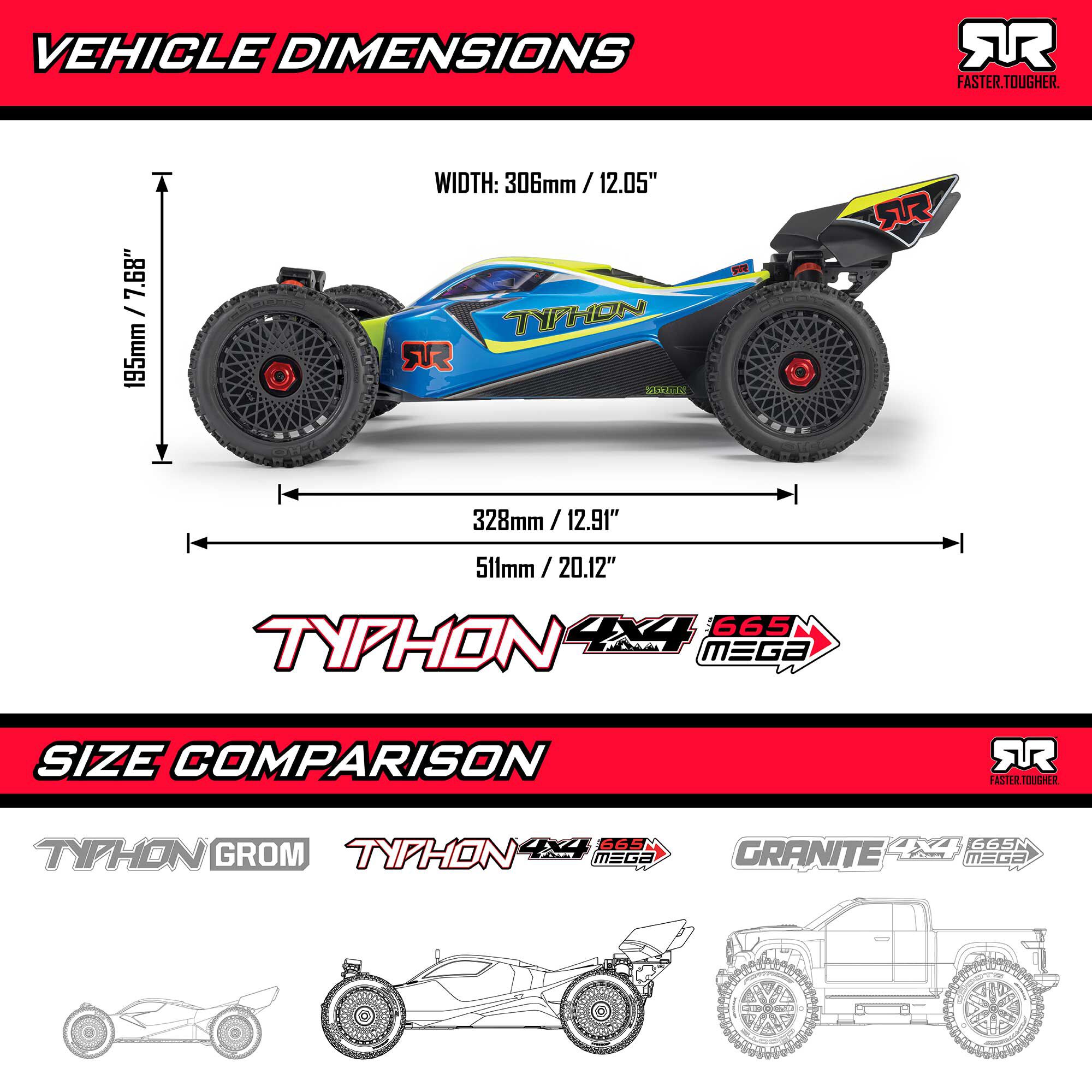 ARRMA 1/8 TYPHON MEGA 665 4X4 RTR Brushed Buggy, Blue