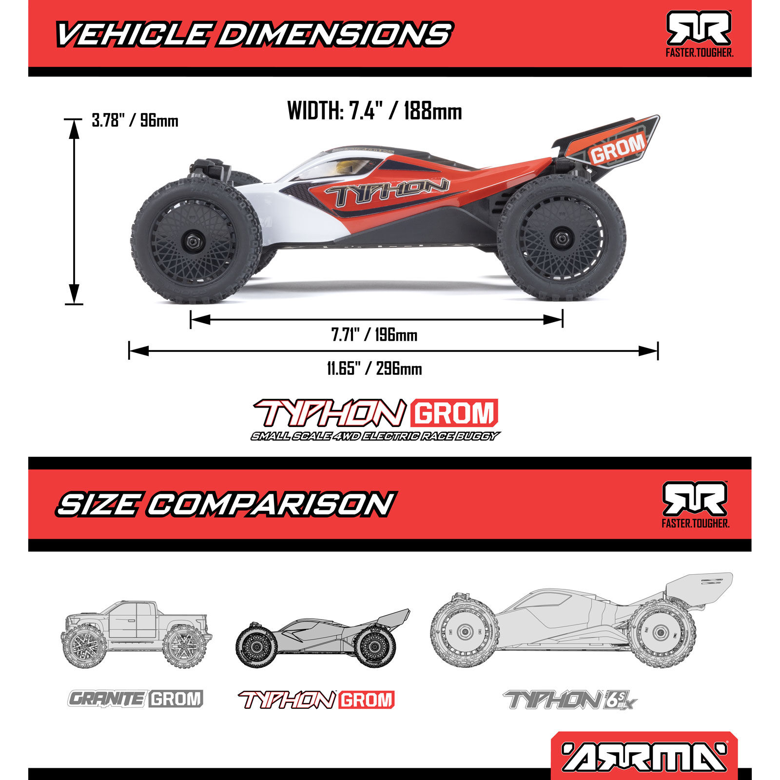 ARRMA 1/14 TYPHON GROM 4X4 RTR Brushed Buggy (Battery & Charger Included), Blue/Silver