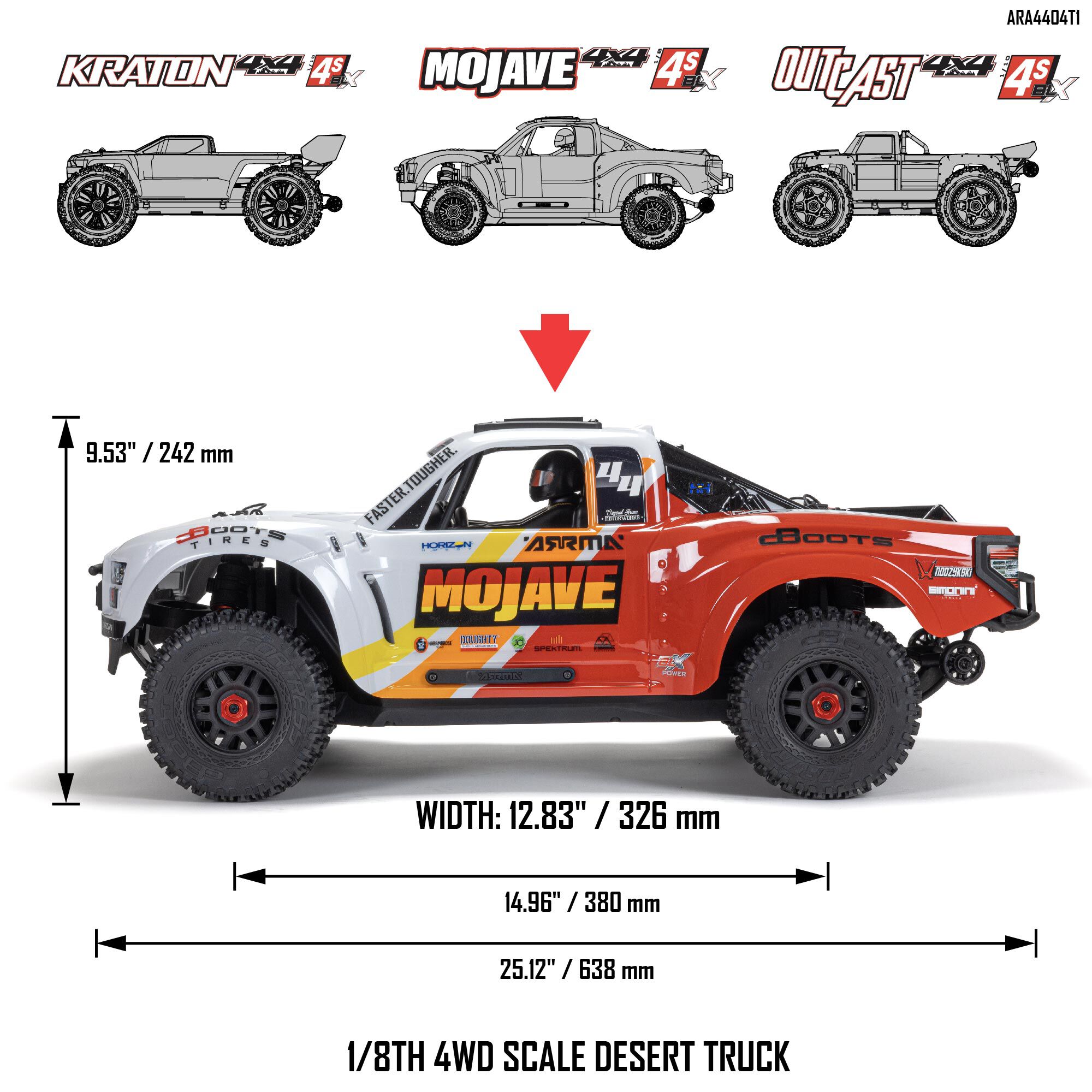 ARRMA 1/8 MOJAVE 4S 4X4 RTR Brushless Desert Truck, White/Red