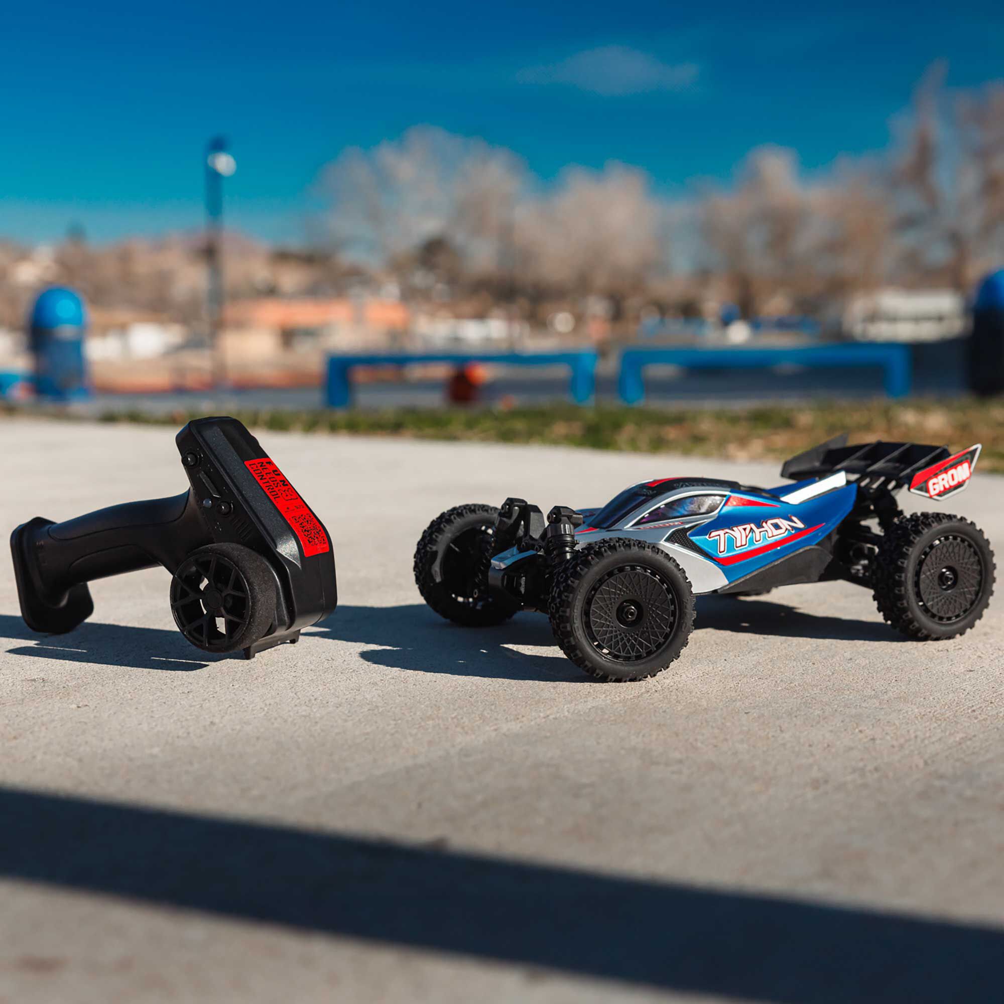 ARRMA 1/14 TYPHON GROM 4X4 RTR Brushed Buggy (Battery & Charger Included), Blue/Silver