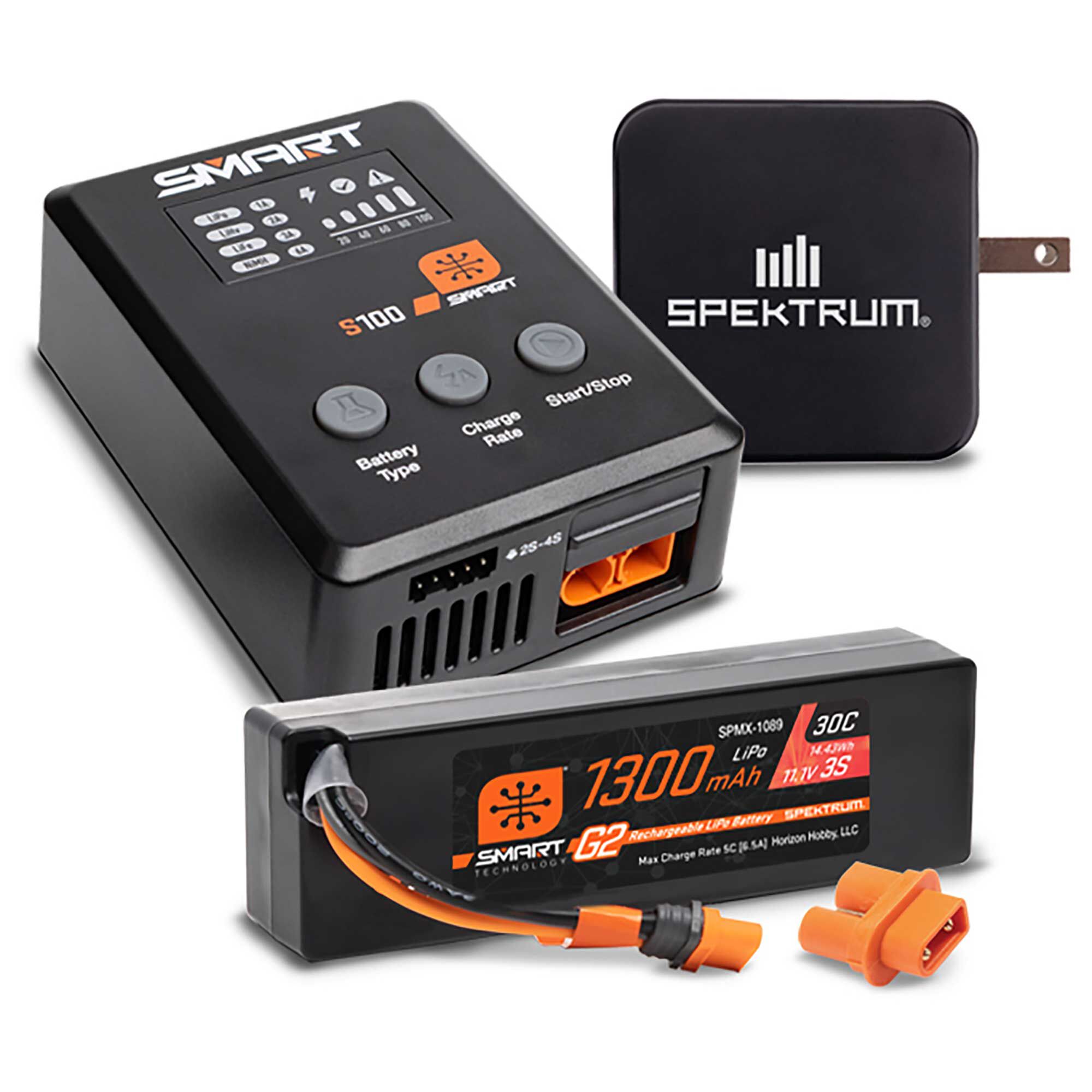 Spektrum Accessories Smart Powerstage Bundle: 1300mAh 3S 30C LiPo Battery (IC2) / S100 Charger / 65W Power Supply / Adapter
