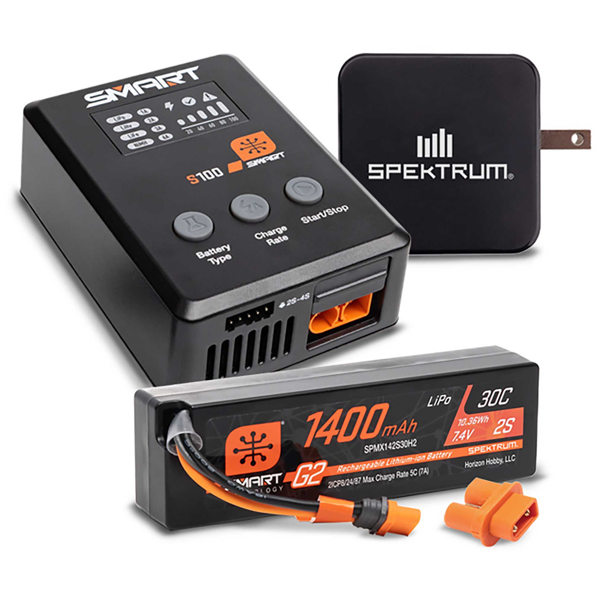 Spektrum Accessories Smart Powerstage Surface Bundle: 1400mAh 2S 30C LiPo Battery (IC2) / 100W S100 Charger / 65W Power Supply / Adapter