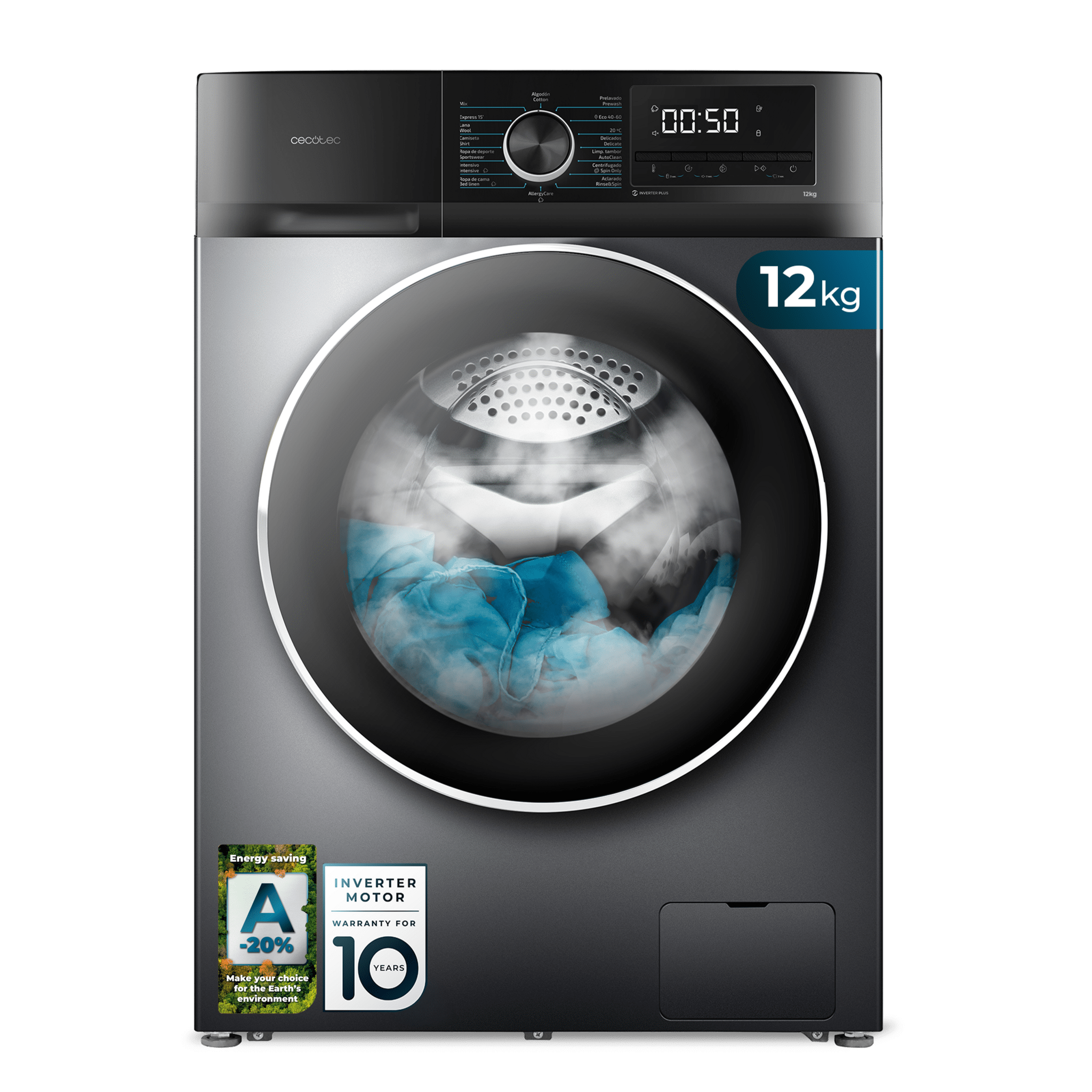 Bolero DressCode 12500 Inverter Steel Lavadora de 12 Kg steel, 1400 rpm, motor inverter plus, Steam Max y Clase A-20 %.