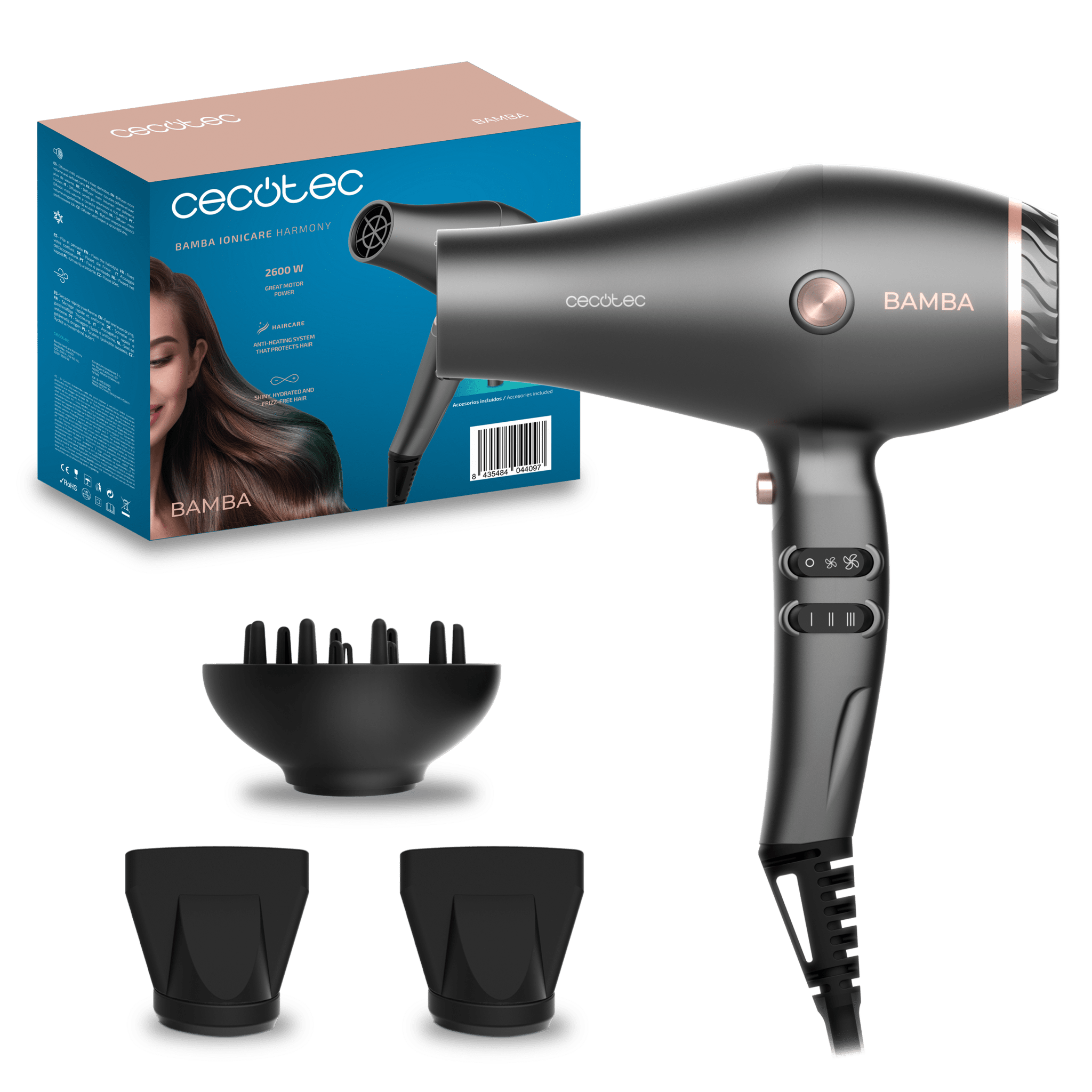 Bamba IoniCare Harmony Secador de pelo AC con 2600 W, tecnología de iones, 2 boquillas y un difusor