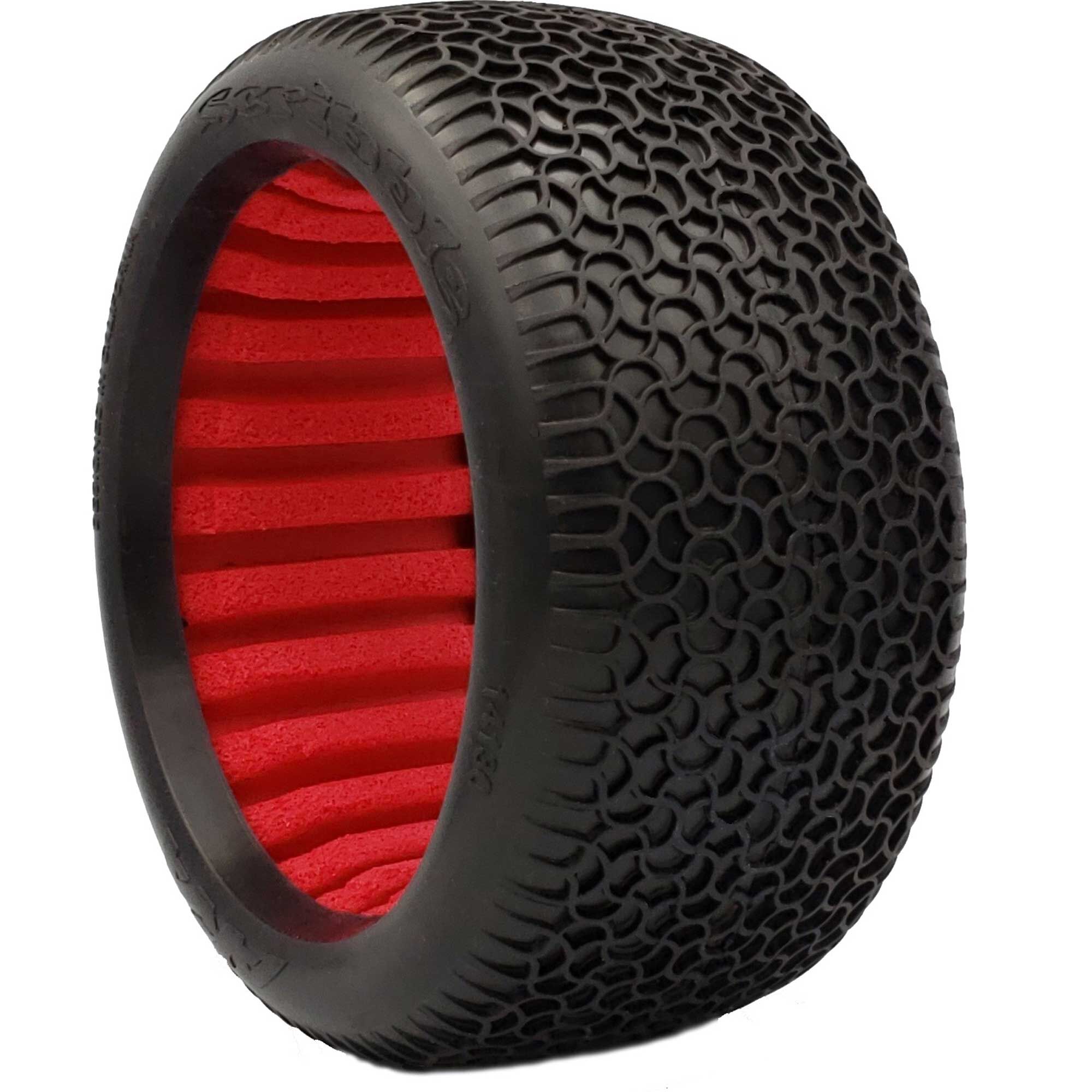 AKA PRODUCTS, INC. 1/8 EVO Scribble Super Soft Long Wear Tires, Red Inserts (2): Truggy