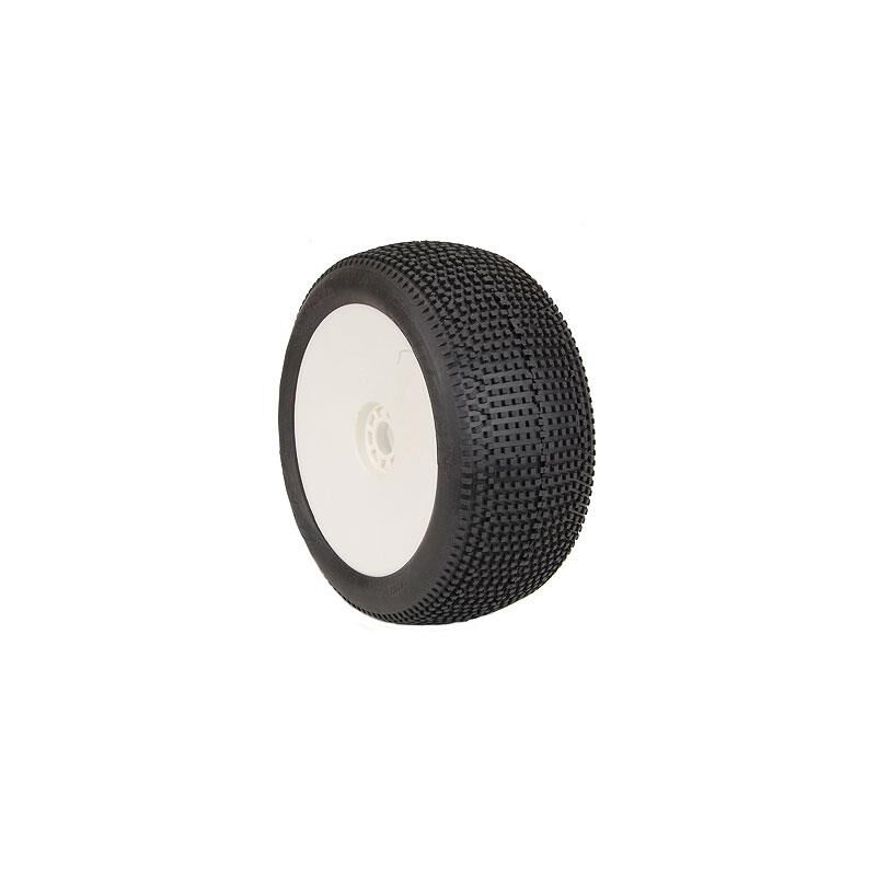 AKA PRODUCTS, INC. 1/8 EVO Impact Super Soft Long Wear Pre-Mounted Tires, White Wheels (2): Truggy