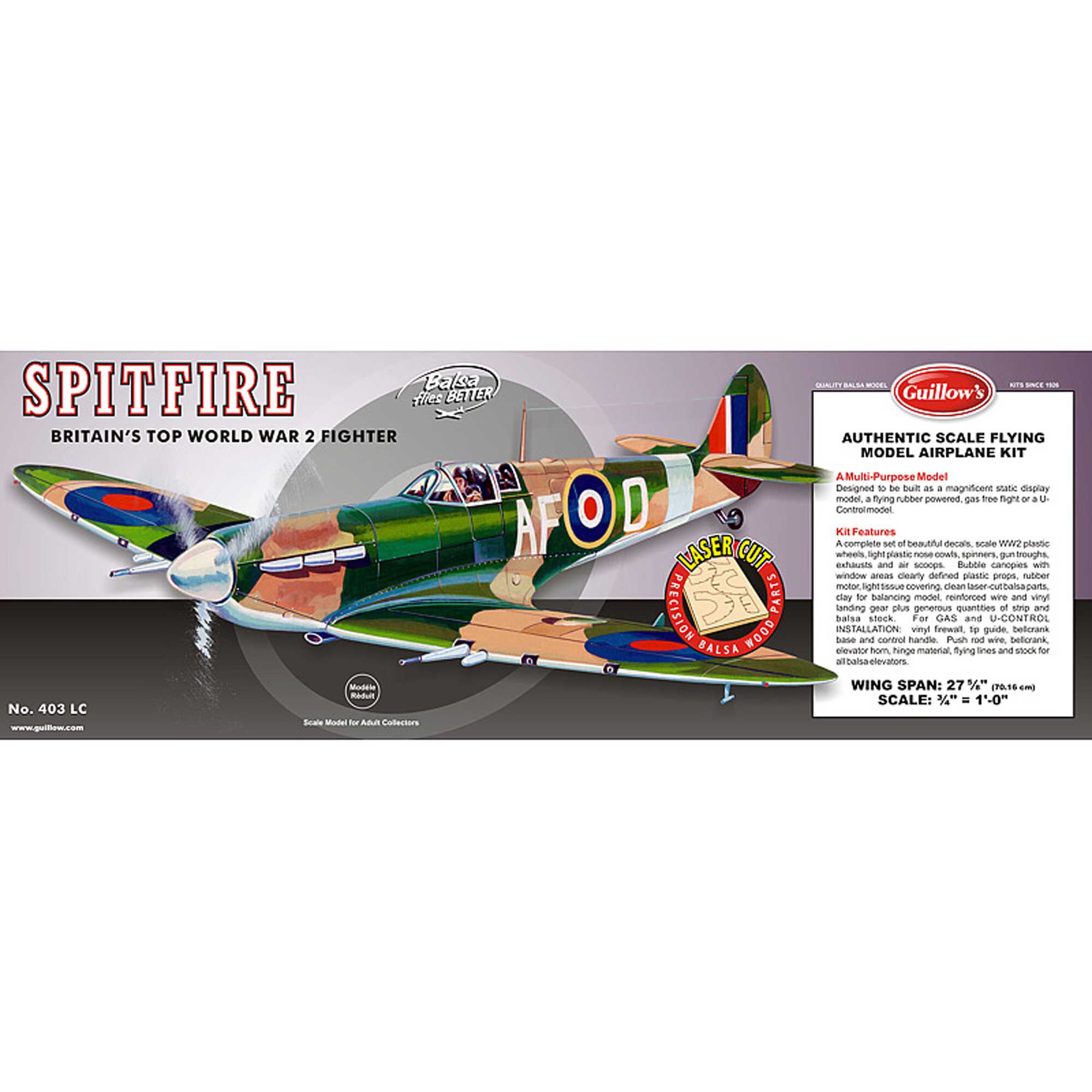 Guillow 1/16 Supermarine Spitfire Laser Cut Kit, 27-5/8"