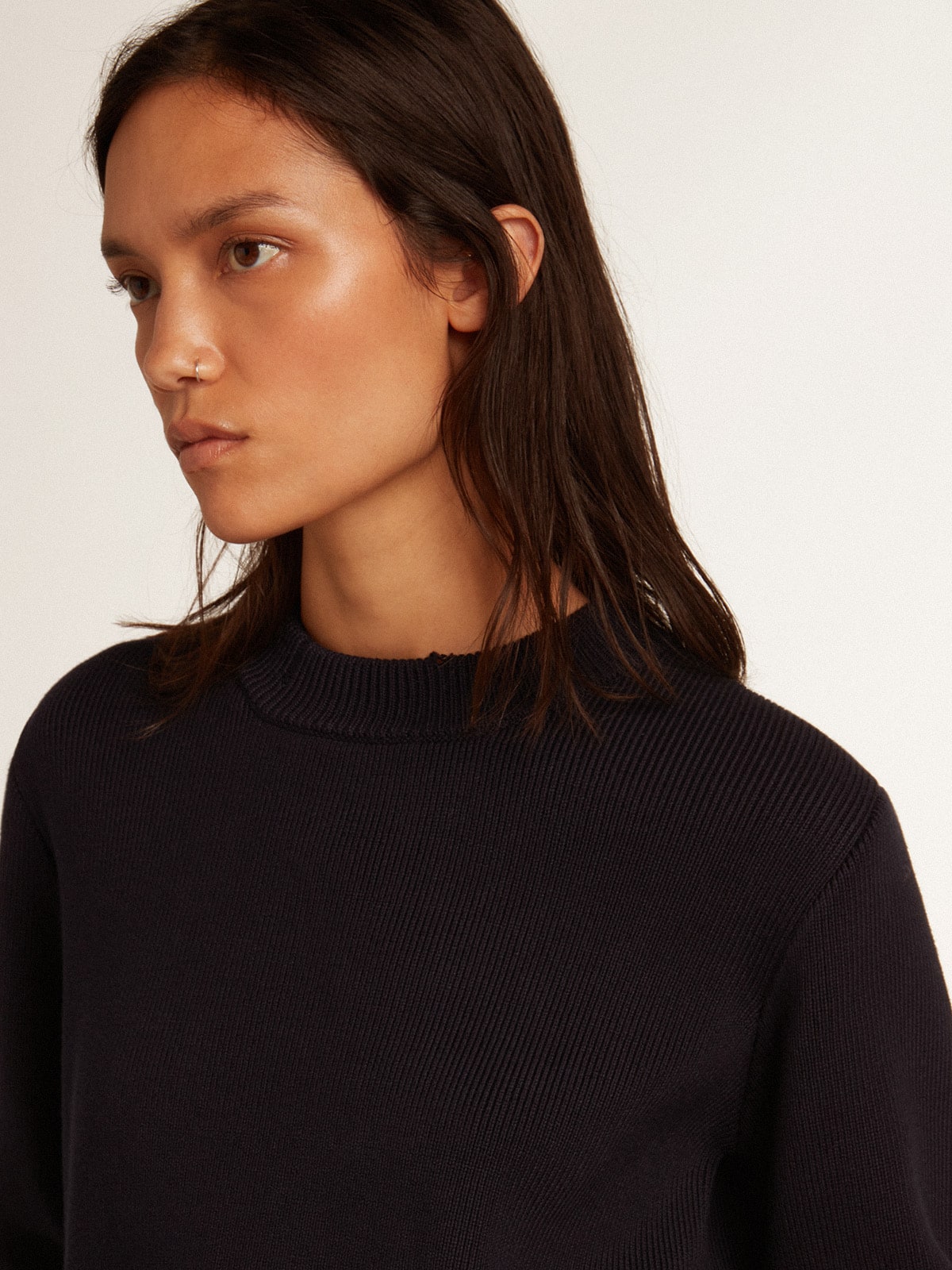 Women's round-neck sweater in dark blue cotton