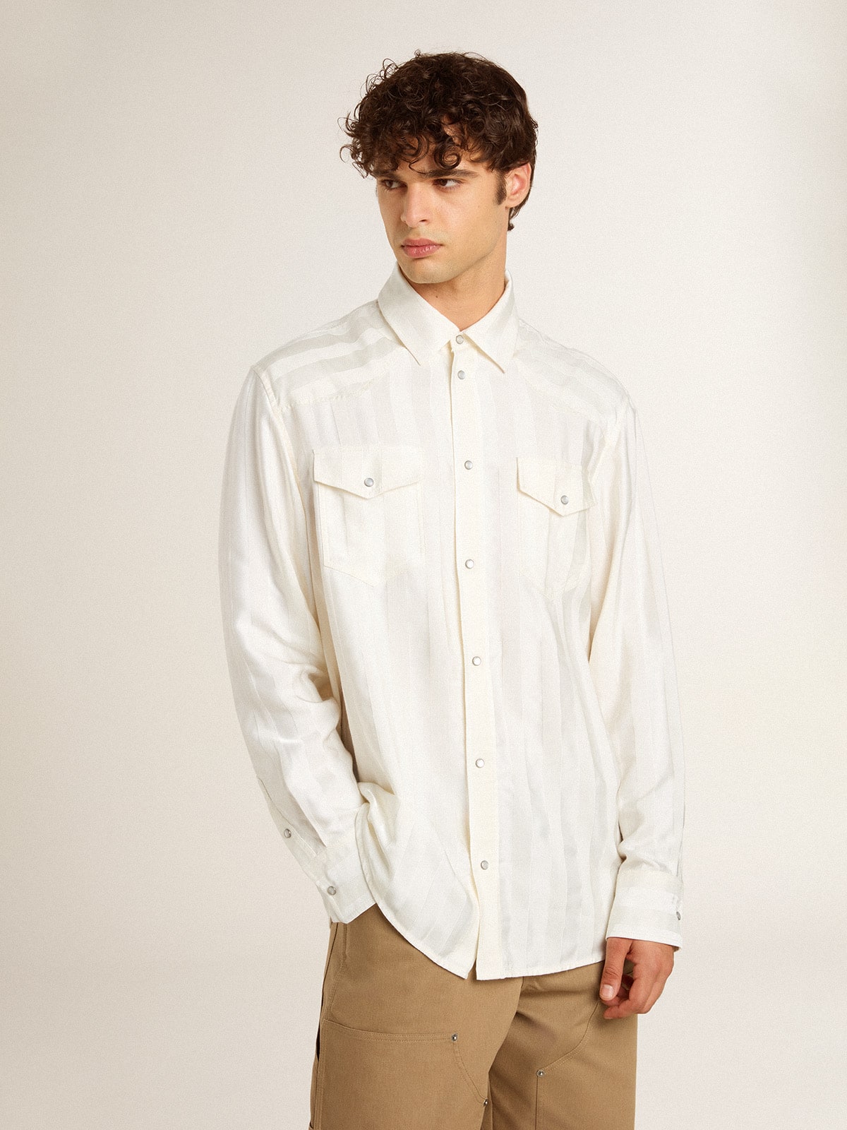 Men's oversized worn-white shirt with vertical stripes