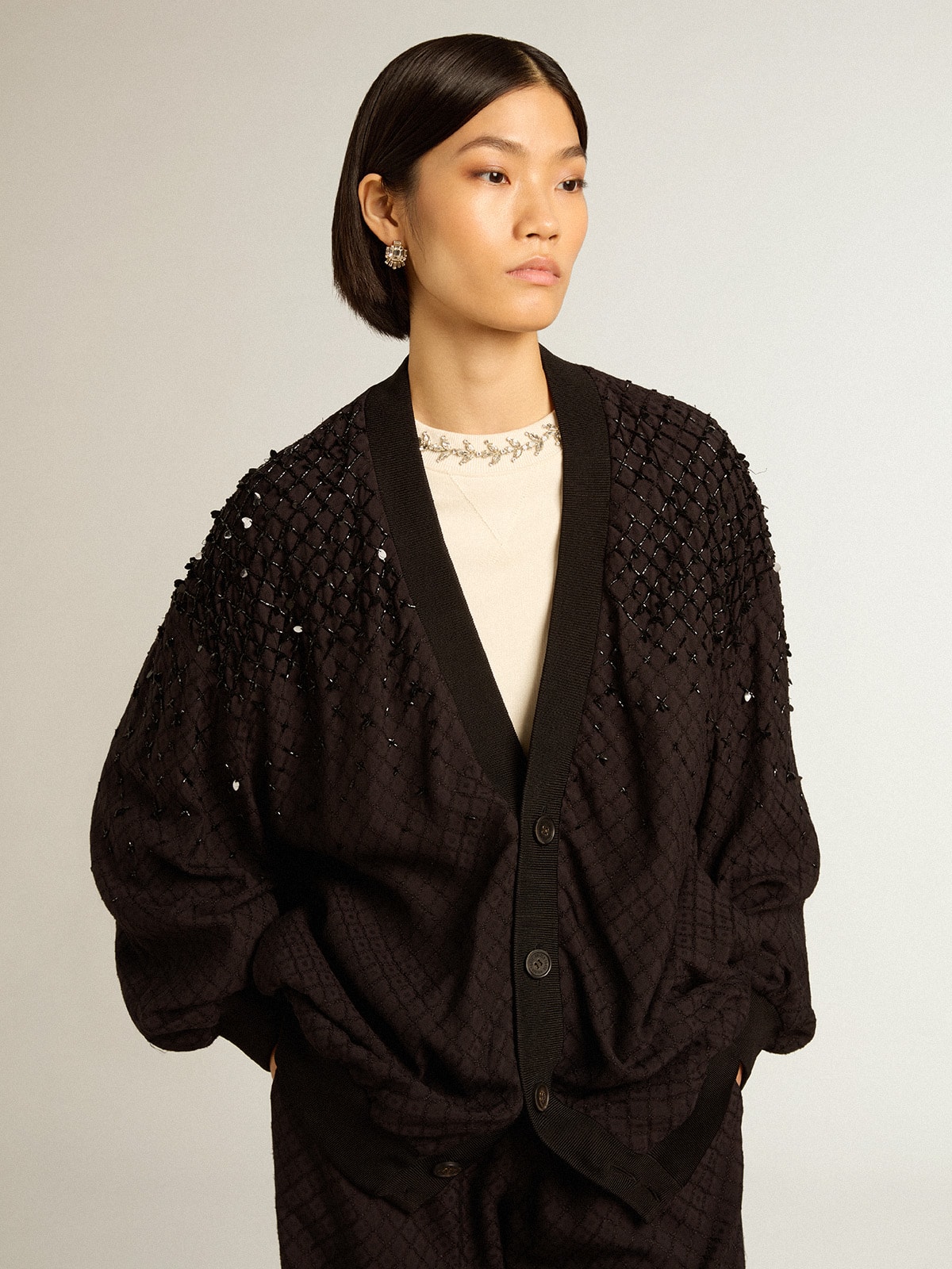 Women's black cardigan with shaded embroidery