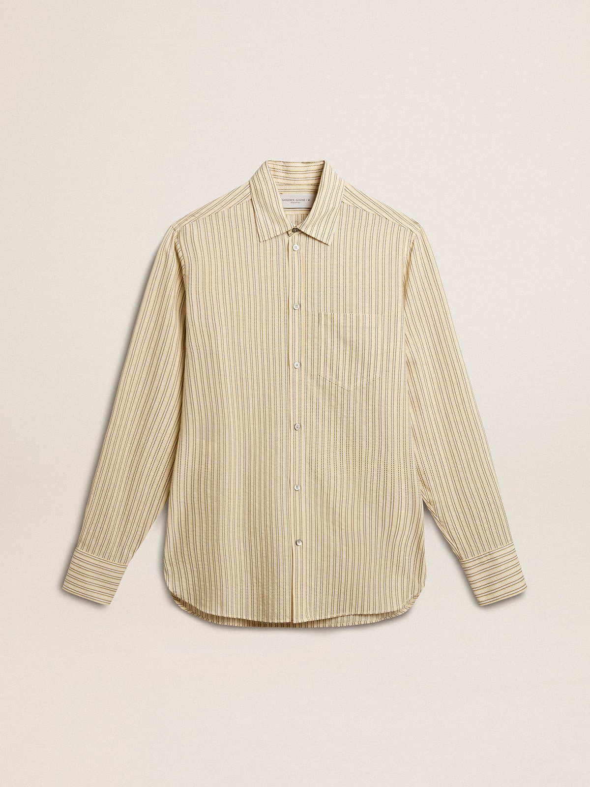Men's ecru cotton shirt with narrow black stripes