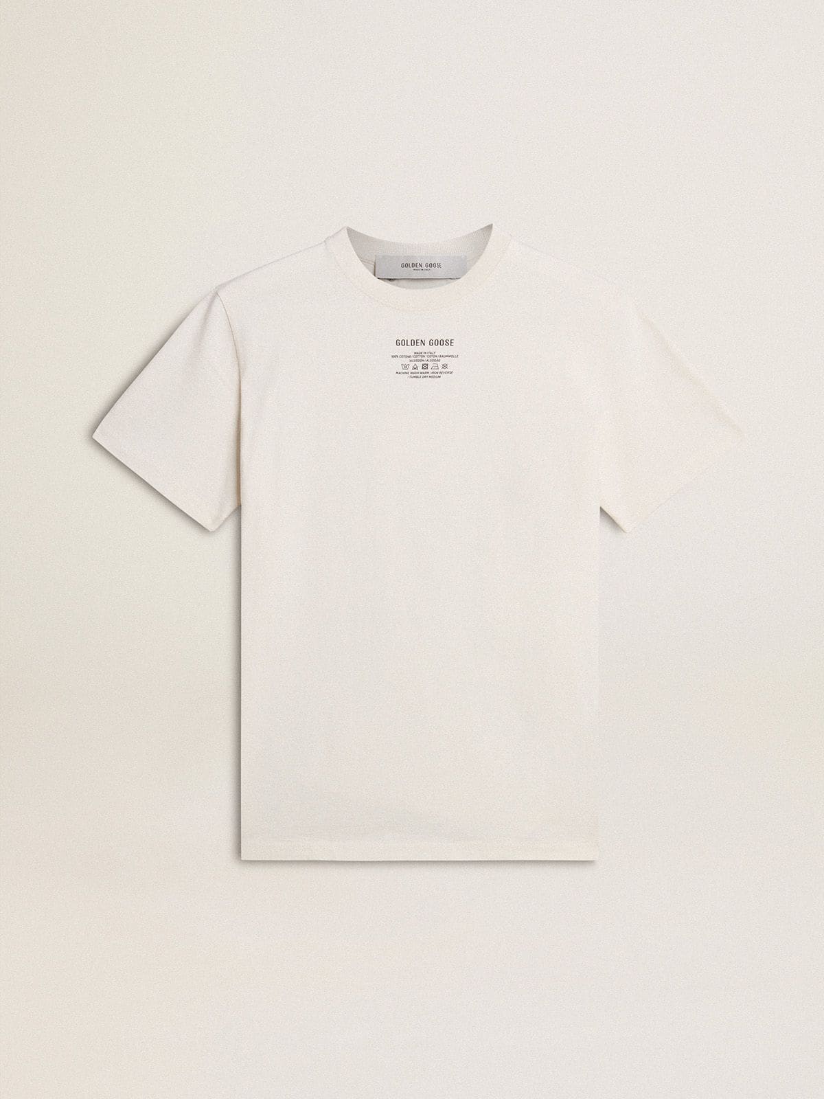 Men's worn-white cotton T-shirt with black lettering