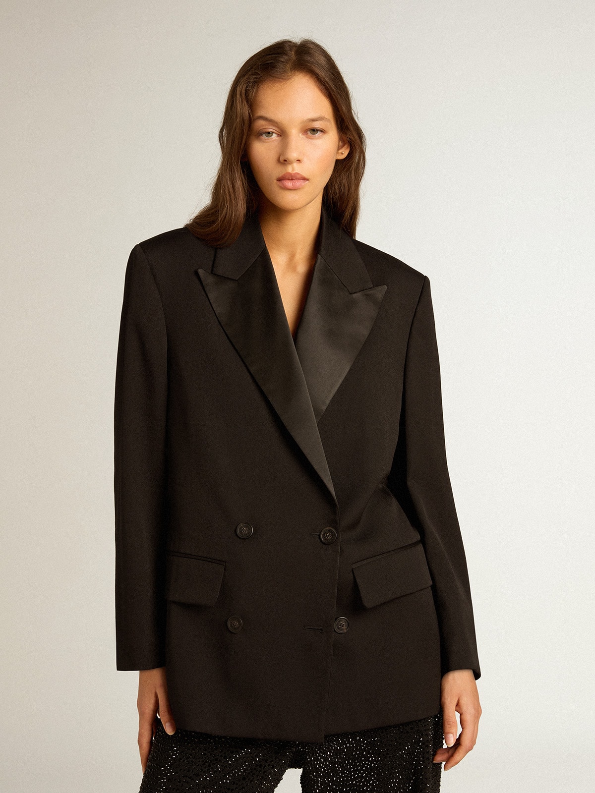Women's tuxedo jacket in black wool gabardine