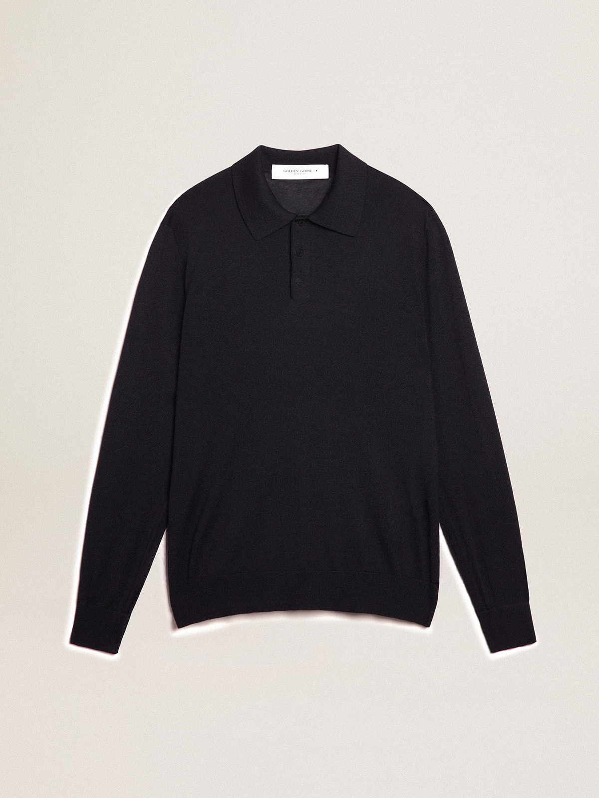 Men's long-sleeved polo shirt in navy-blue merino wool