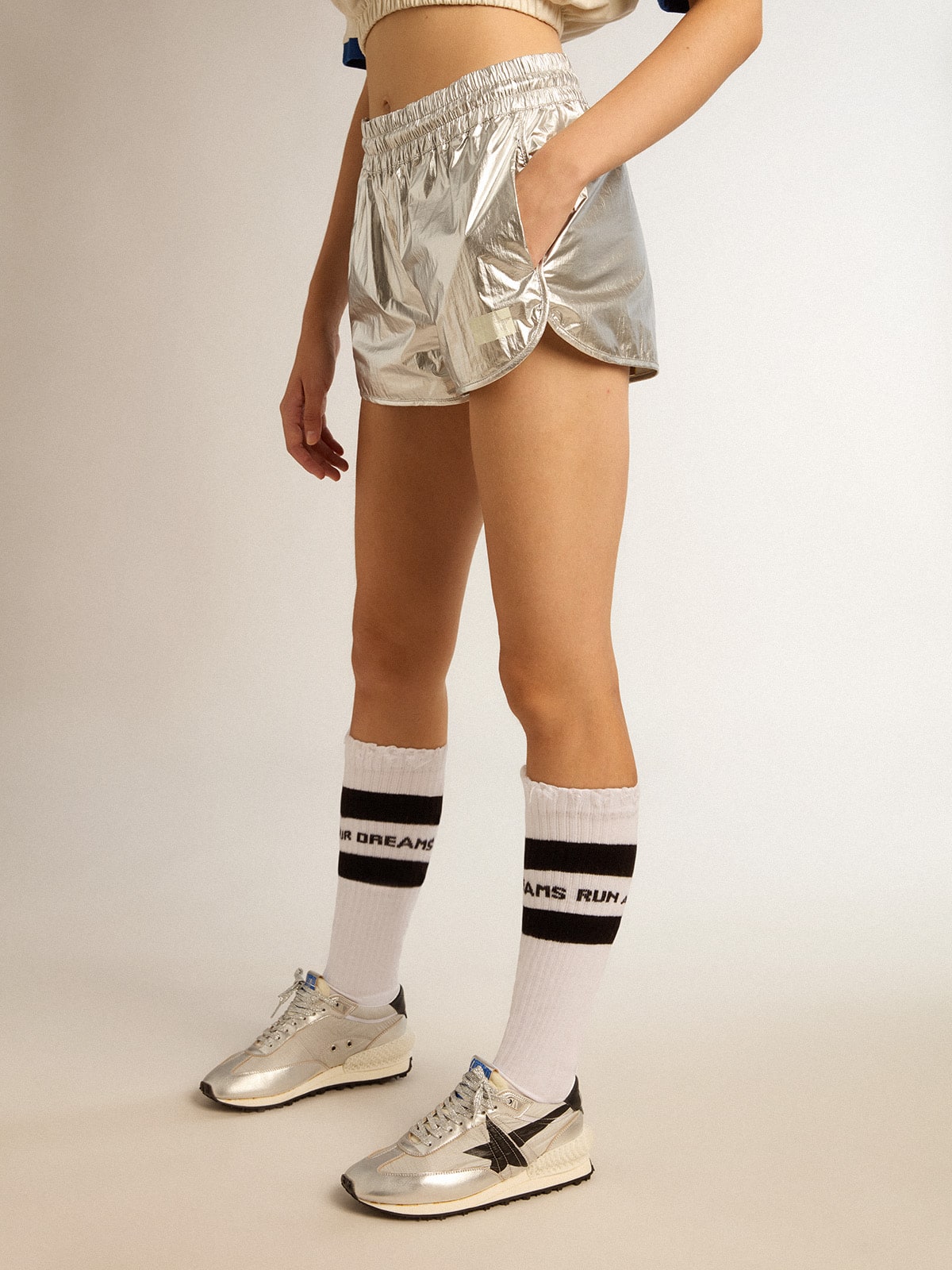 Women's running shorts in silver fabric