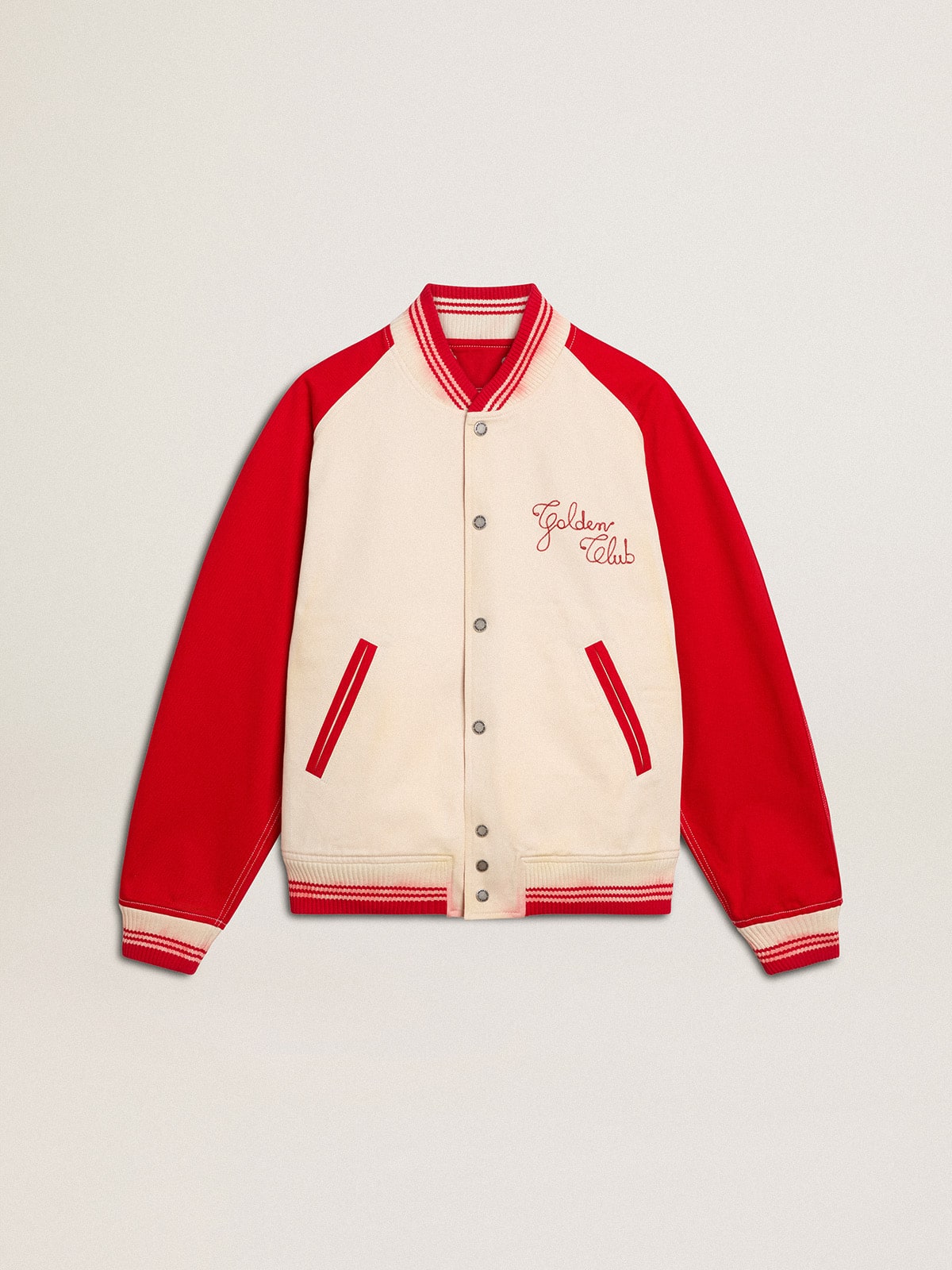 Bomber jacket in worn white and red with embroidery