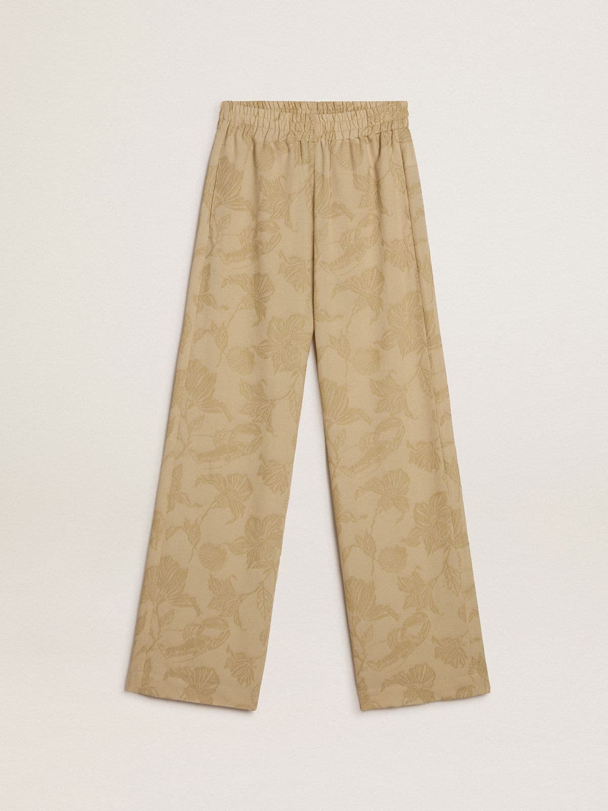 Women's pajama pants in beige jacquard with floral pattern