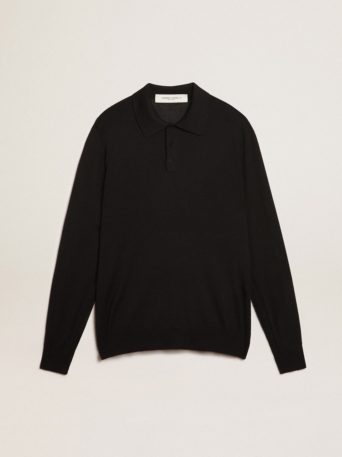 Men's long-sleeved polo shirt in black merino wool